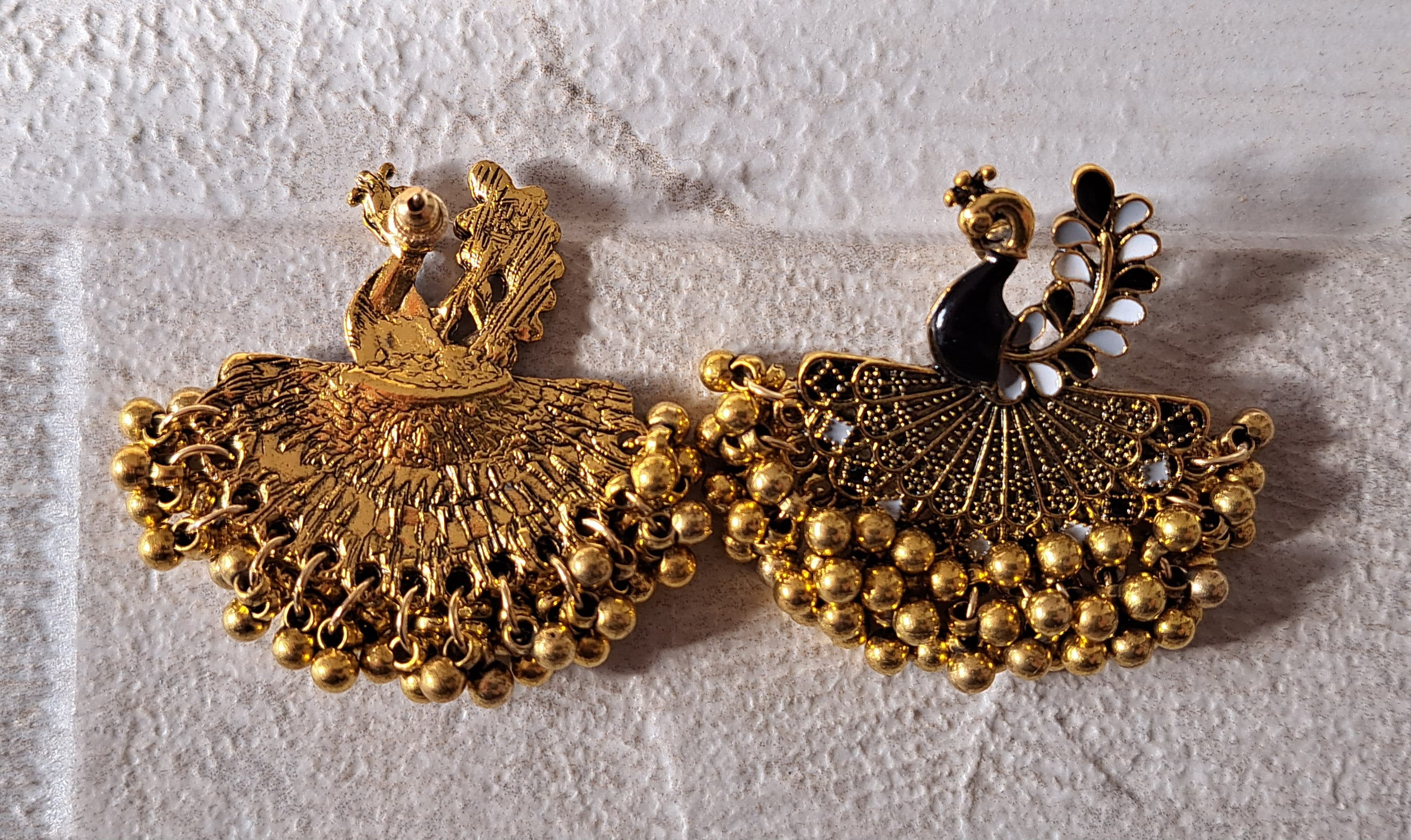 Gold Black Large Peacock Chandelier Jhumka Earrings