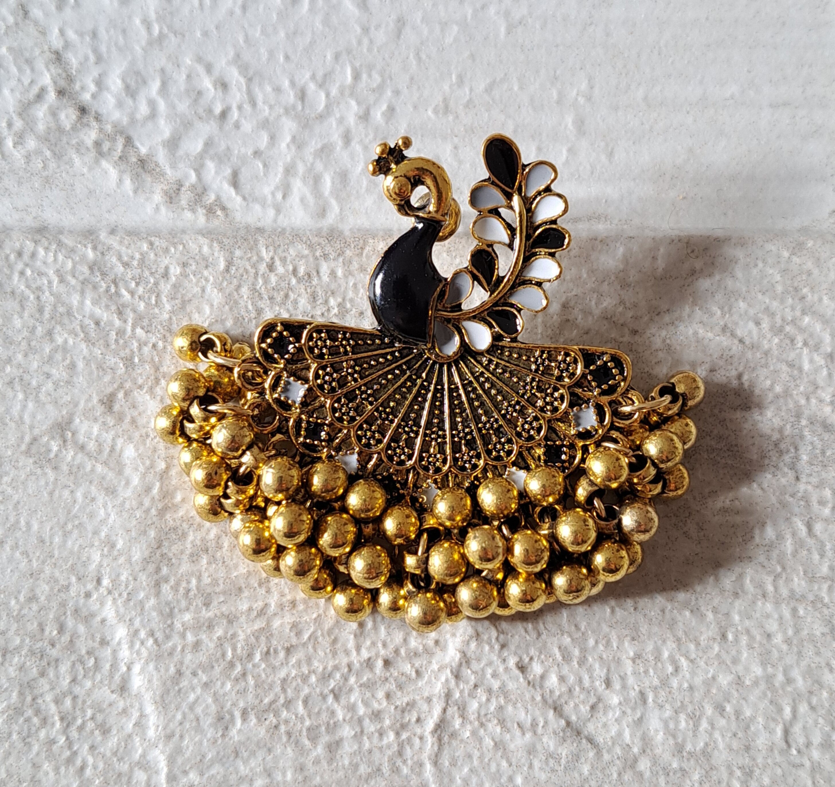 Gold Black Large Peacock Chandelier Jhumka Earrings