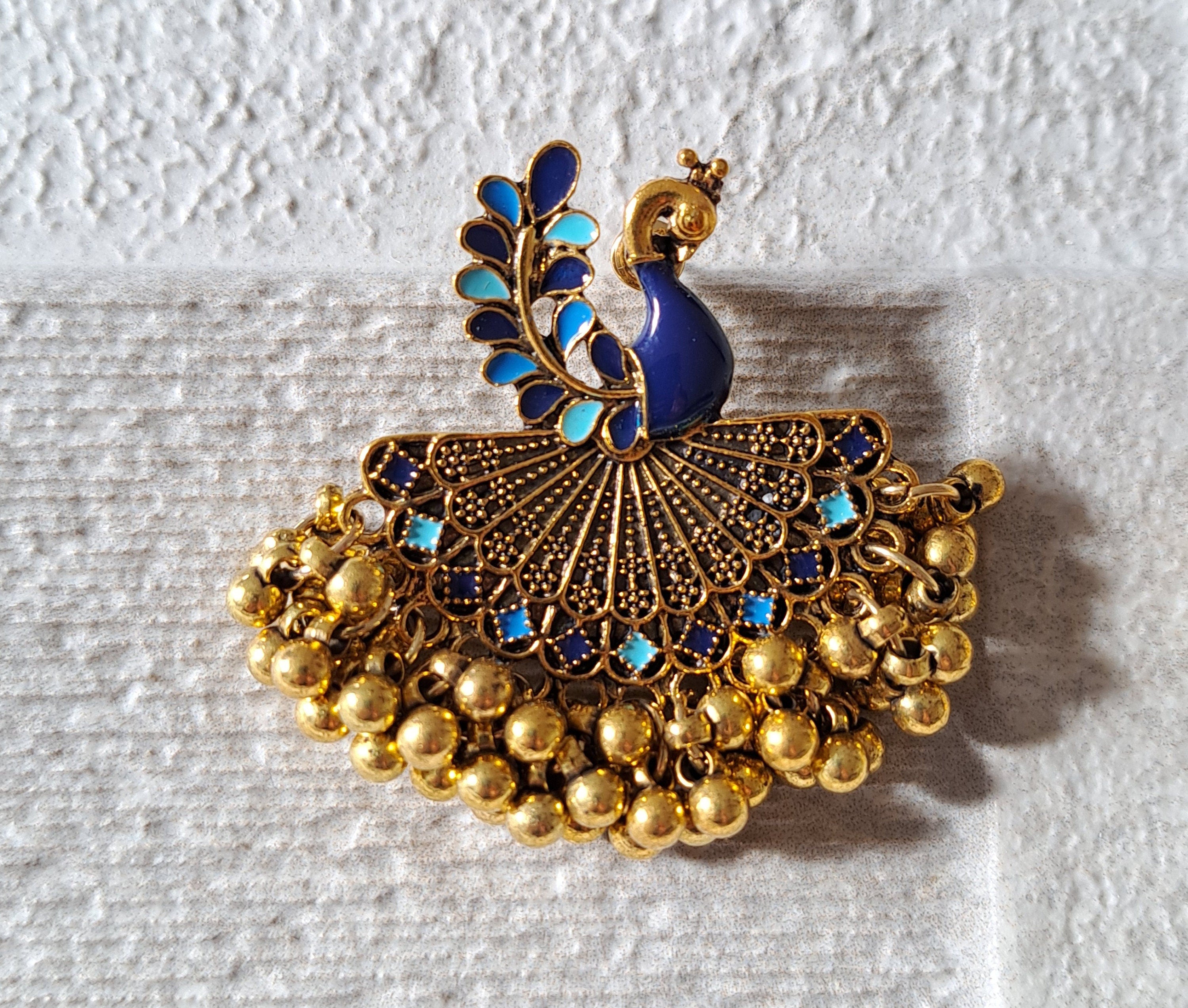 Gold Blue Peacock Large Chandelier Jhumki Jhumka Earrings