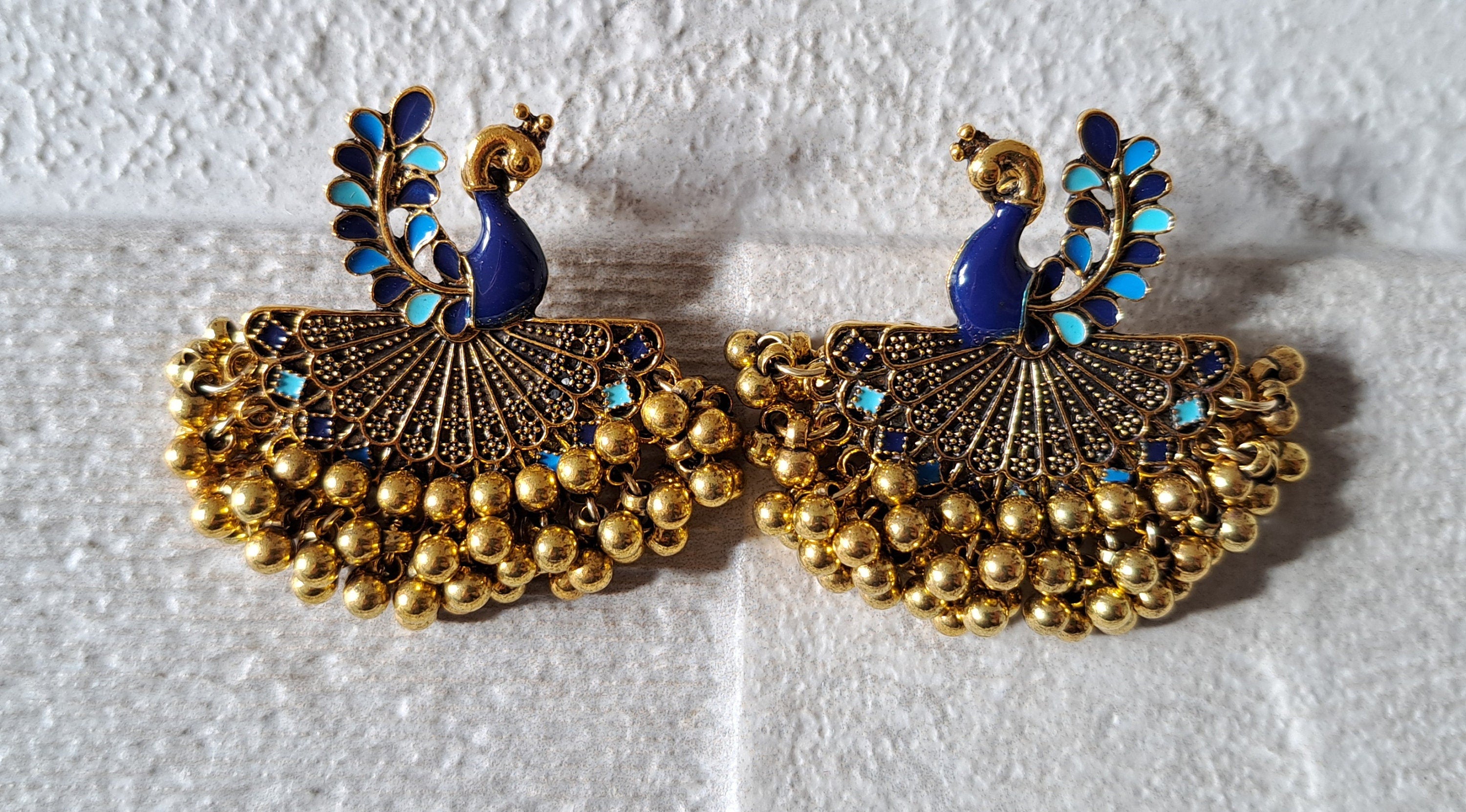 Gold Blue Peacock Large Chandelier Jhumki Jhumka Earrings