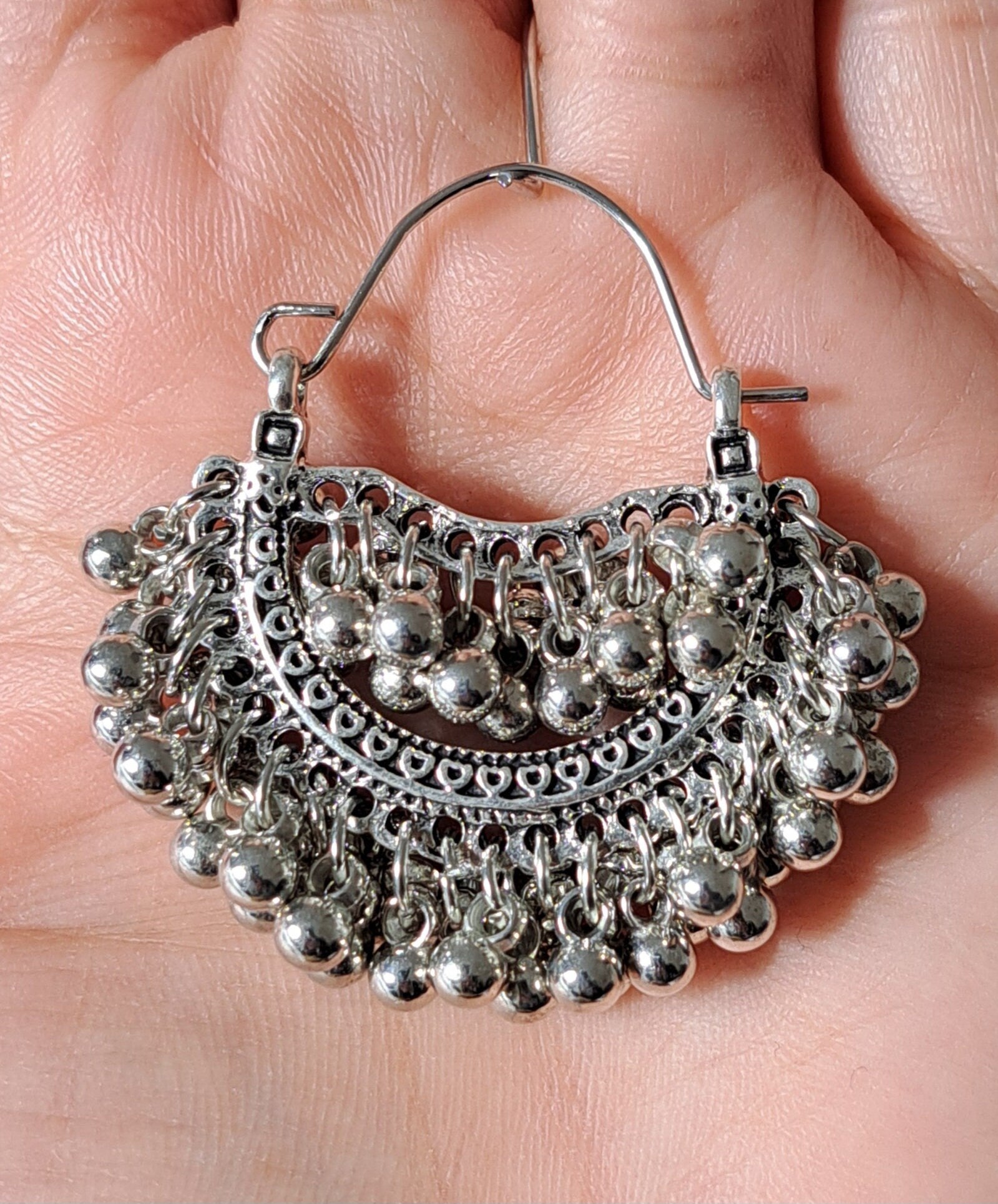 Silver Bohemian Indian Ball Silver Hoop Earrings