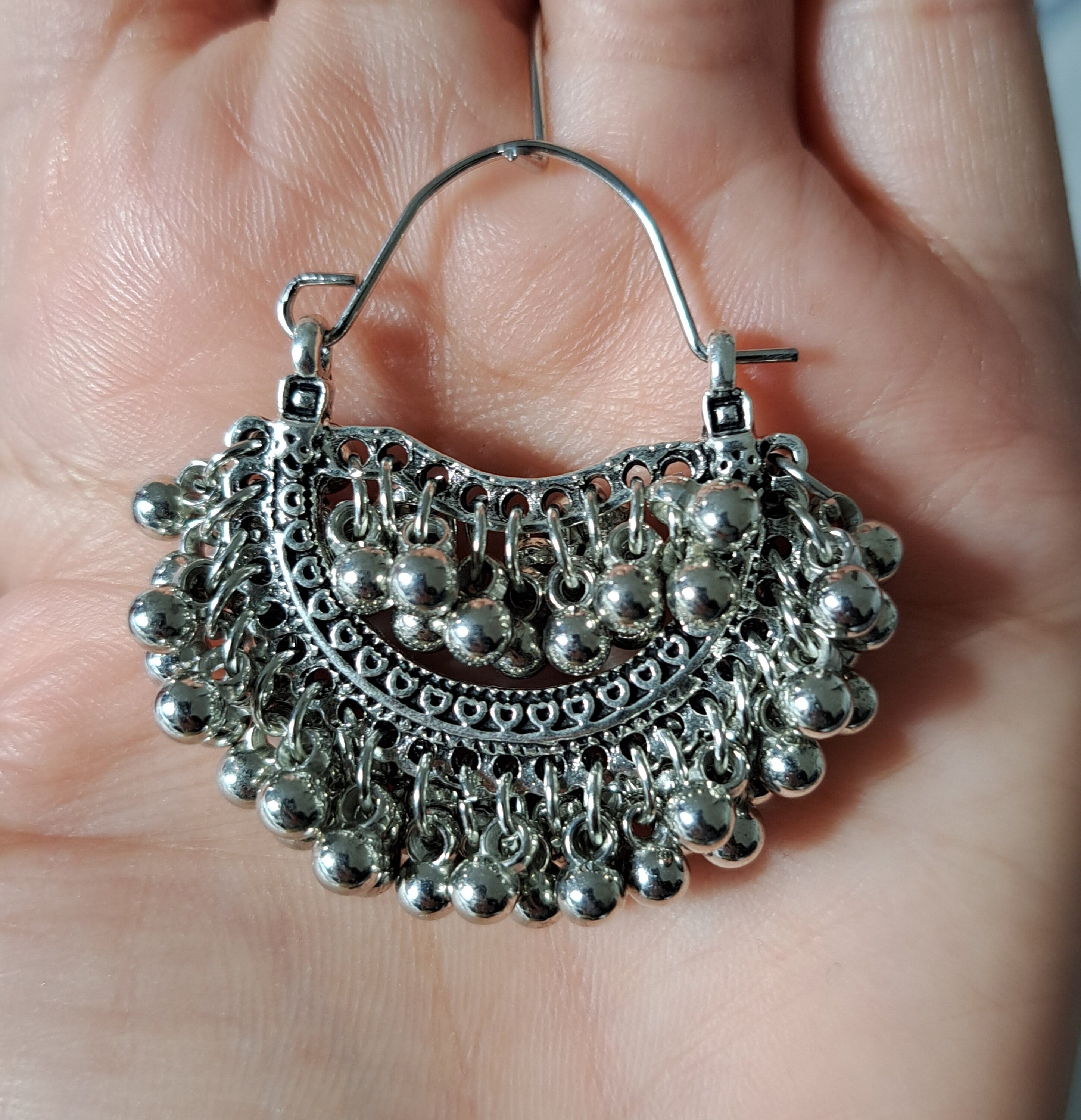Silver Bohemian Indian Ball Silver Hoop Earrings