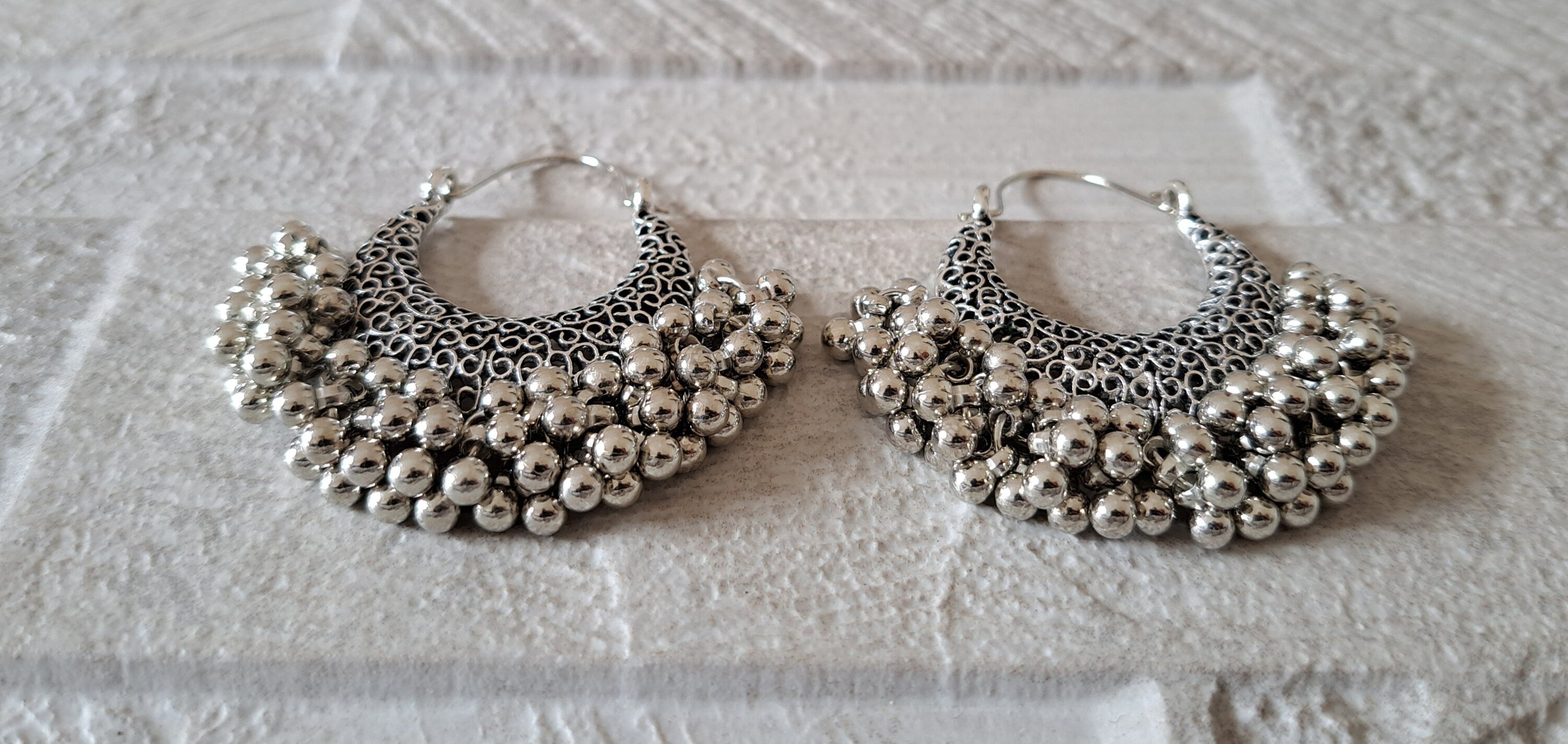 Silver Large Antique Ball Hoops Indian Turkish Style Earrings