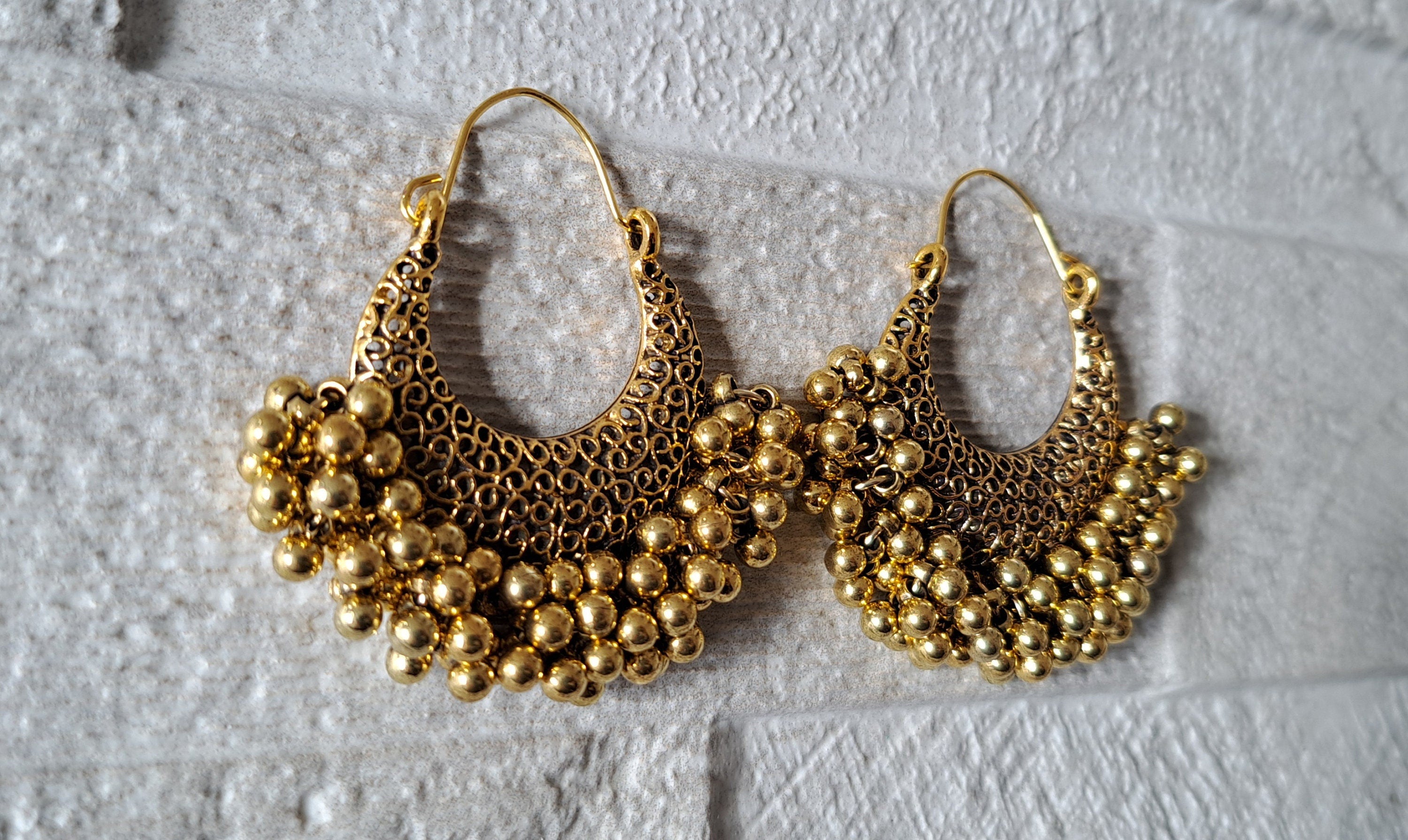 Large Antique Gold Bohemian Dangle Hoop Earrings