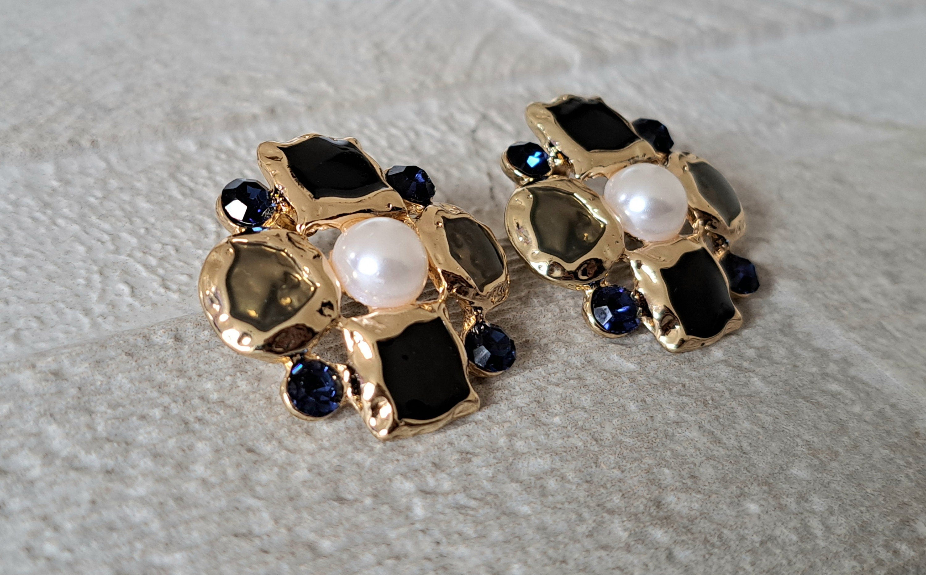 Gold Pearl Large Floral Stud Earrings