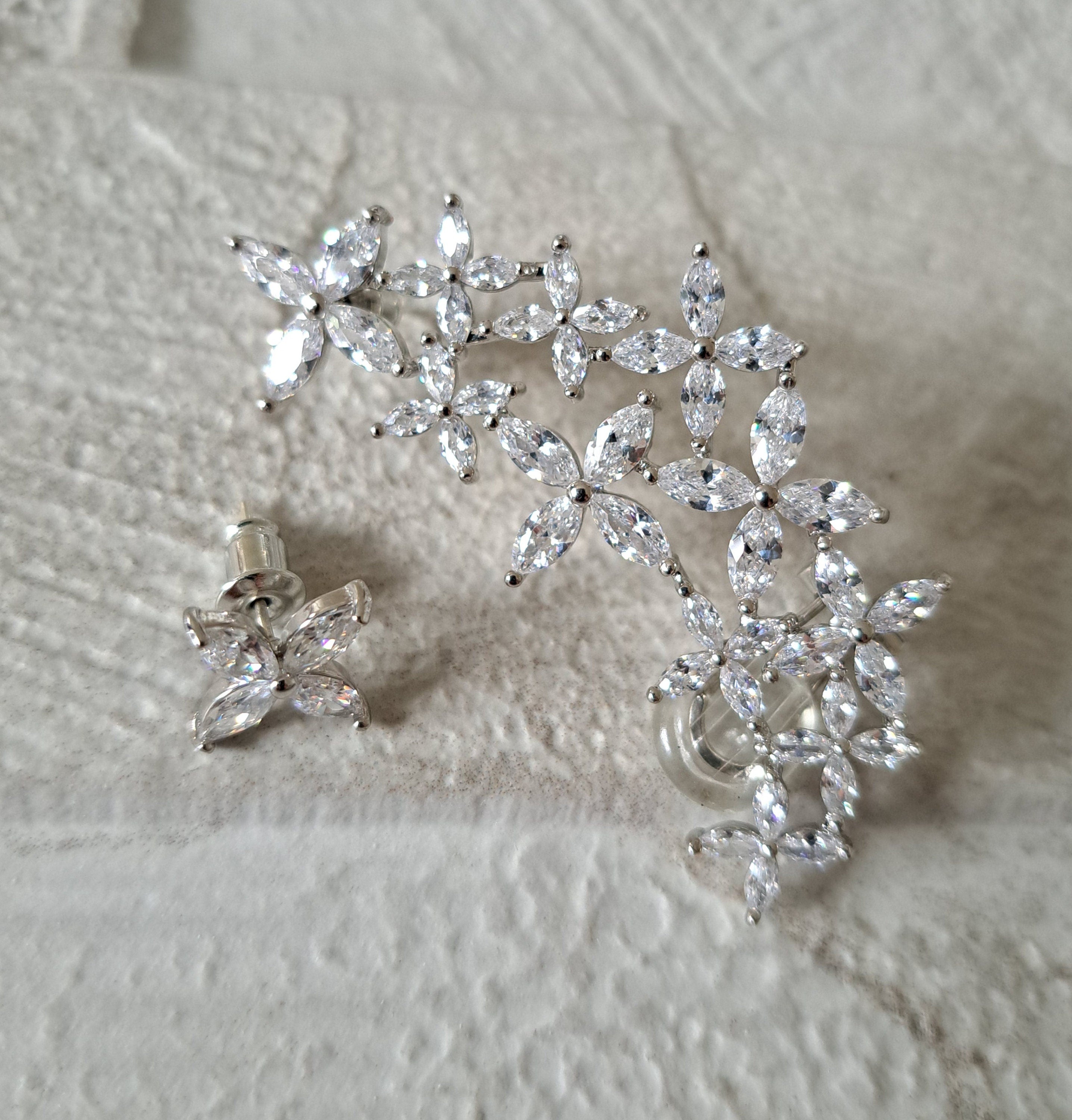 Elegant Silver Plated Swarovski Crystal Wrap Climber Cuff and Earring