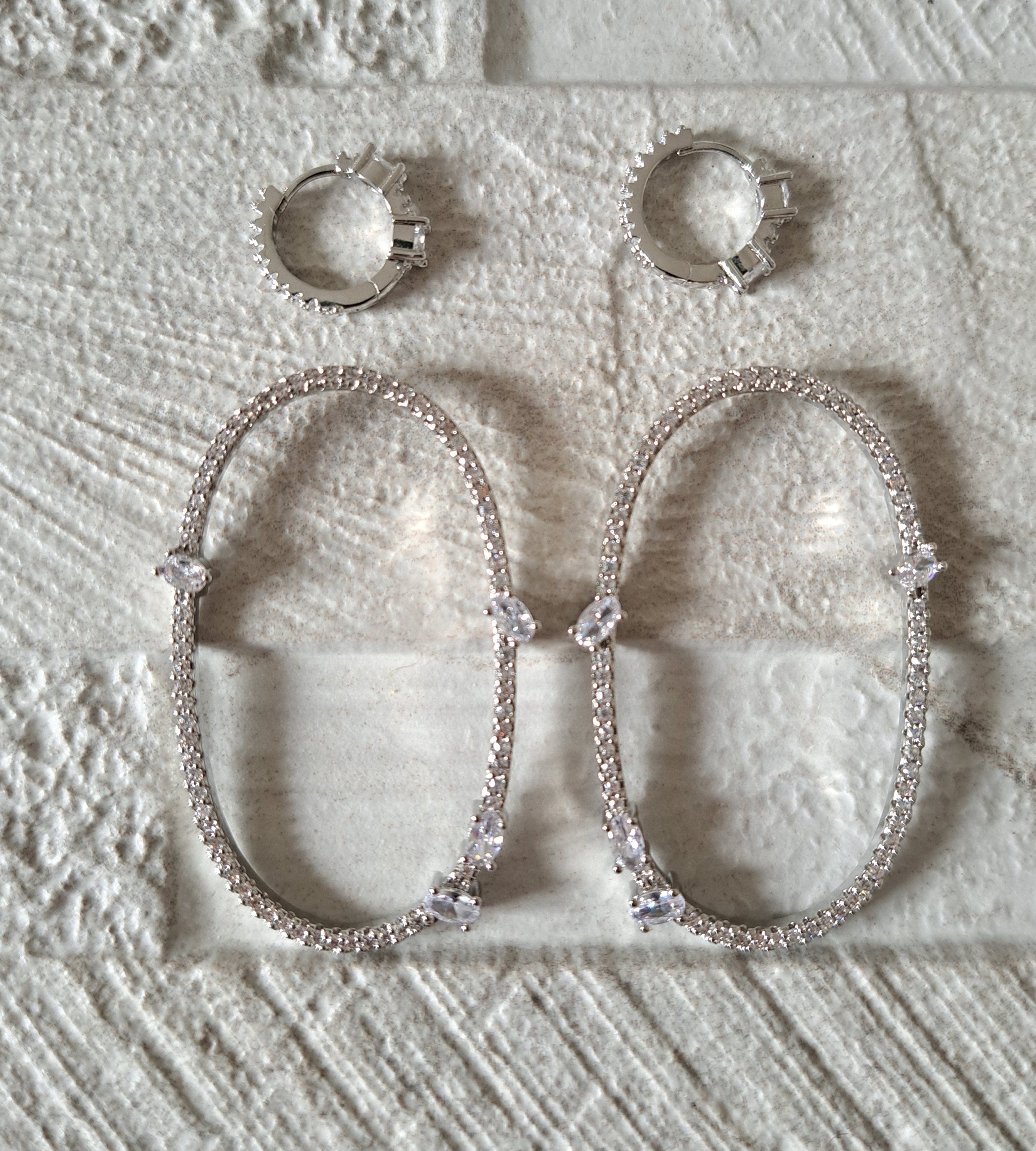 Silver Swarovski Crystal Double Oval Drop Hoop Earrings