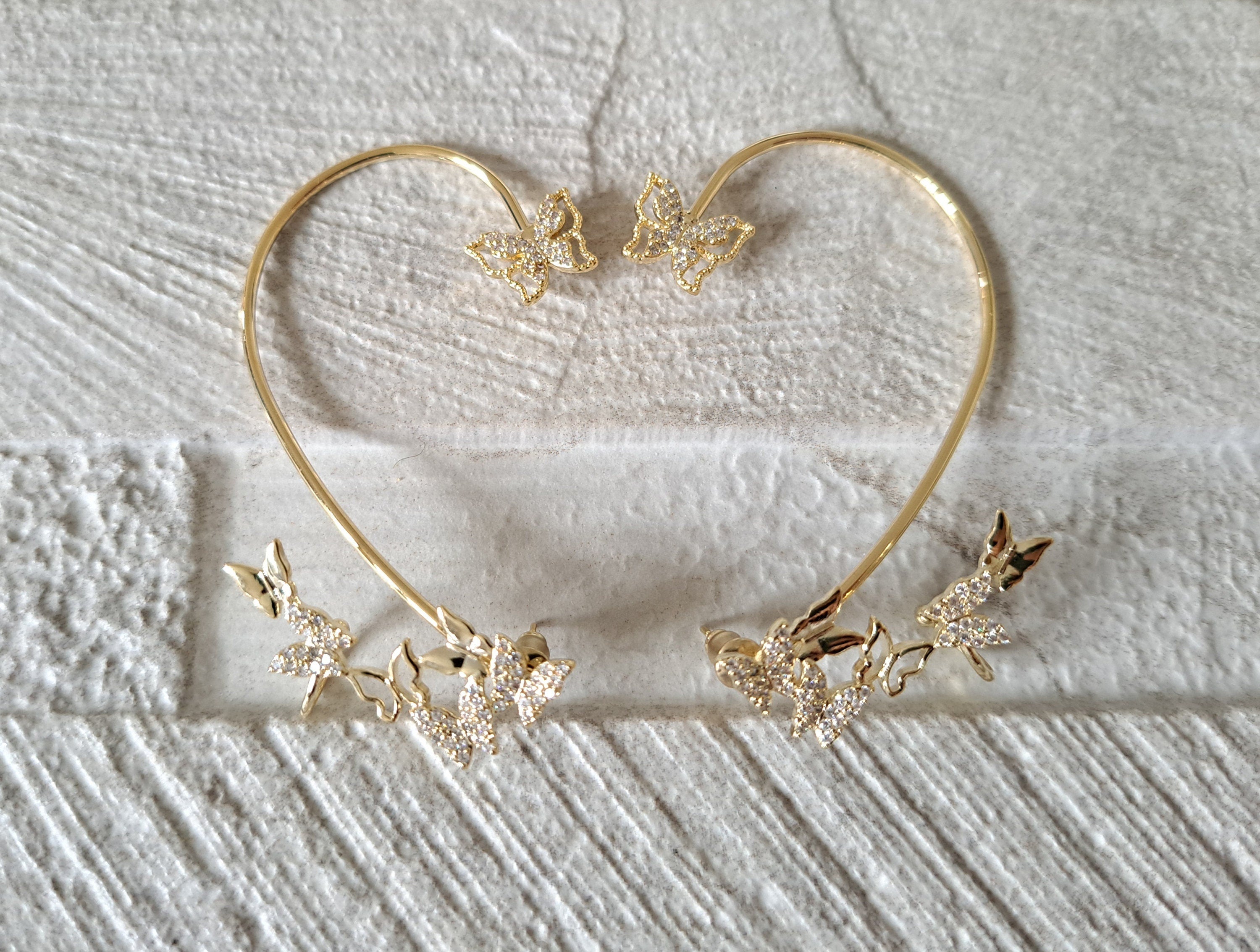 Large Gold Swarovski Crystal Butterfly Ear Climber Cuff Earrings