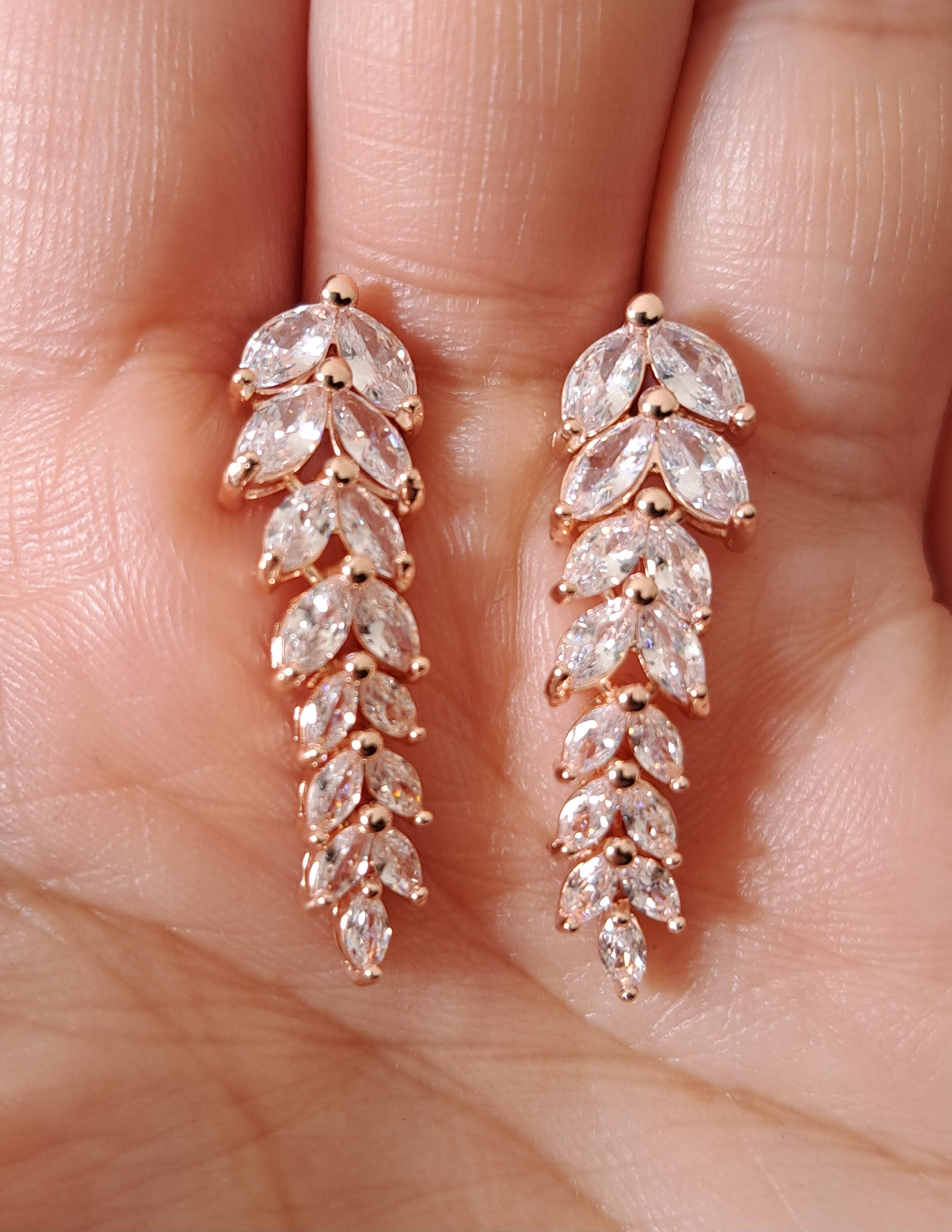 Rose Gold Swarovski Crystal Long Leaf Drop Earrings