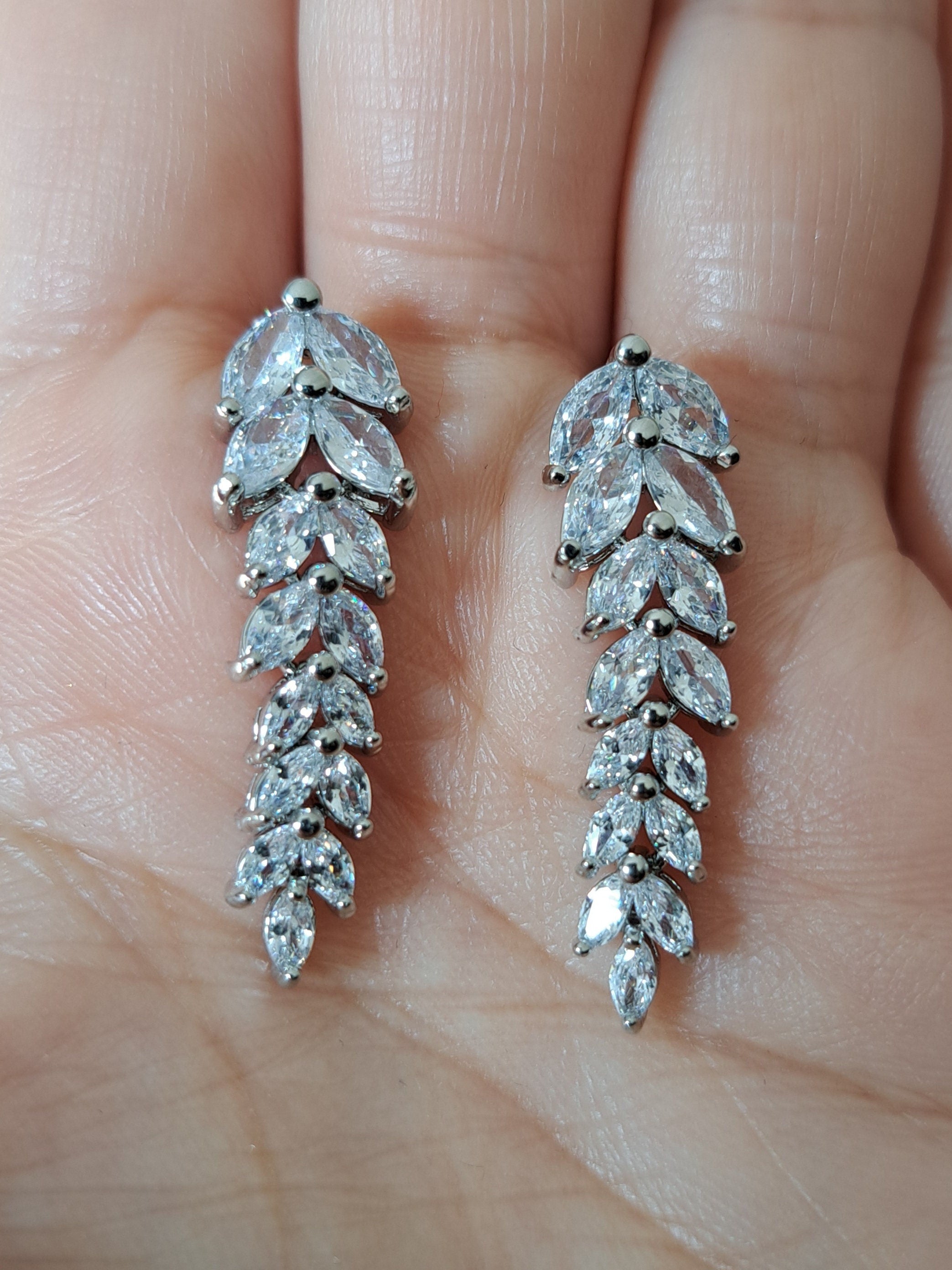 Silver Swarovski Crystal Floral Leaf Dangle Drop Earrings