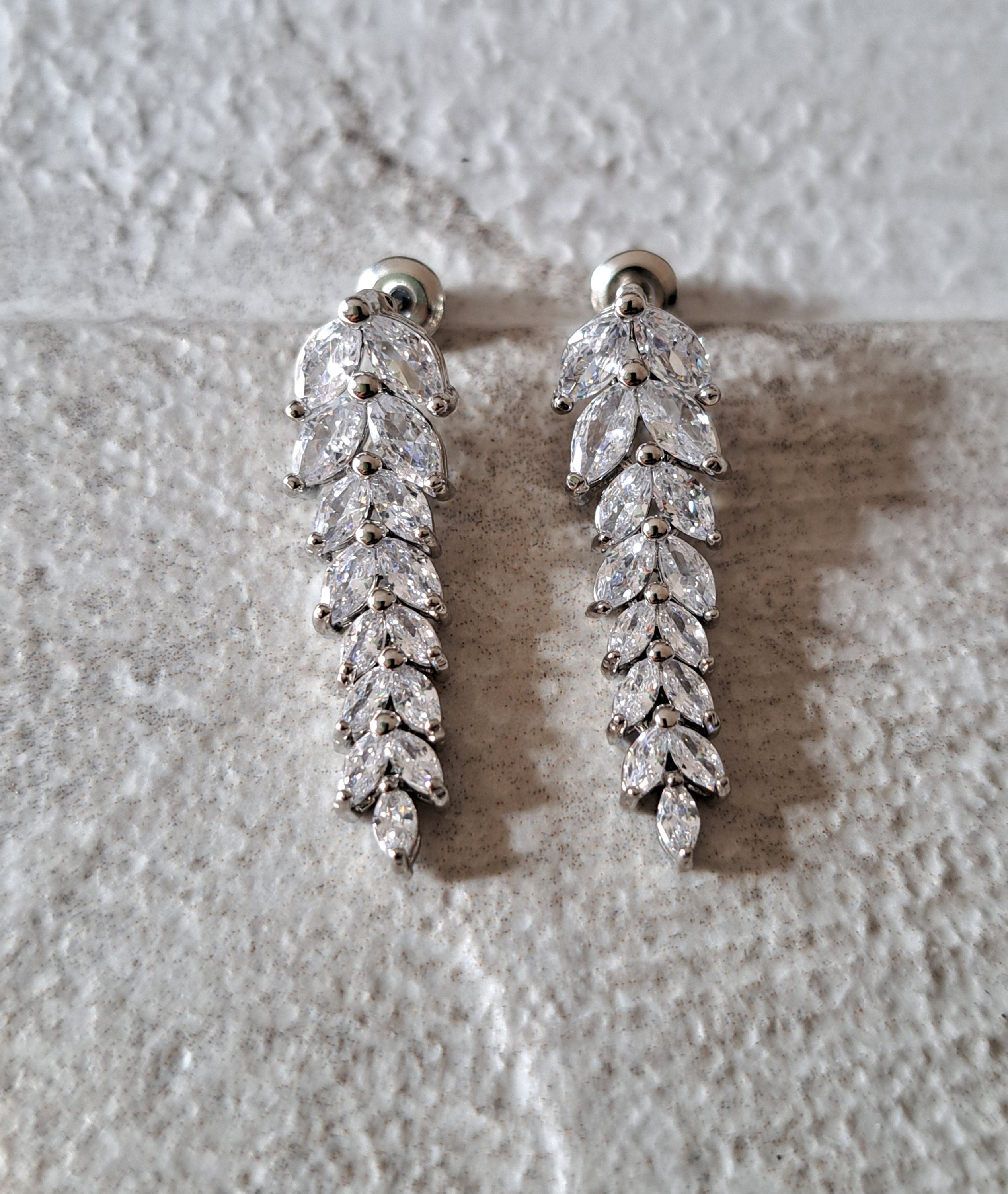 Silver Swarovski Crystal Floral Leaf Dangle Drop Earrings