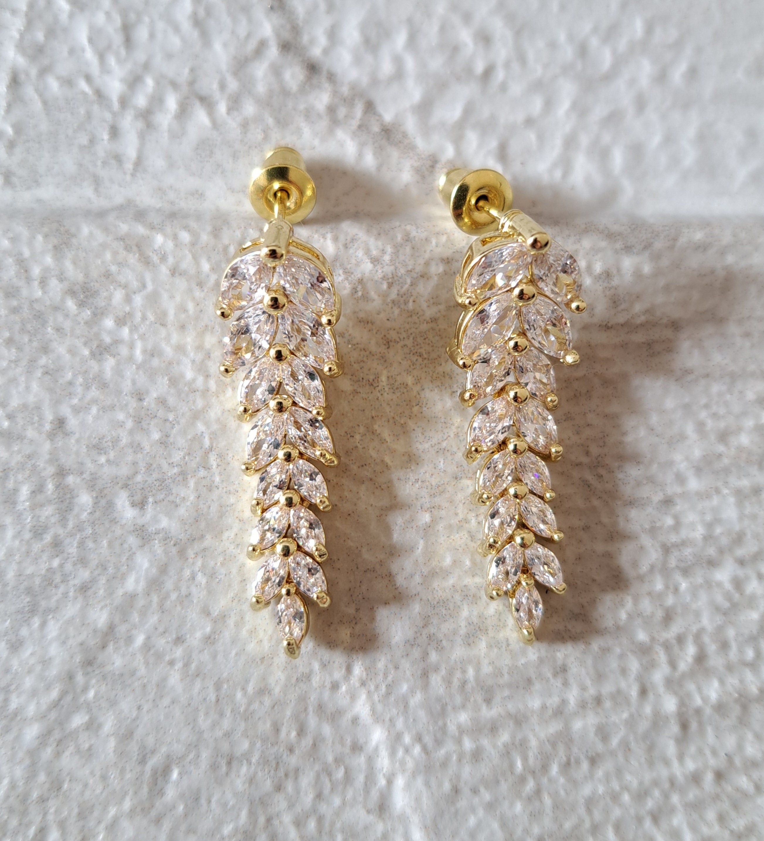Gold Swarovski Crystal Floral Leaf Dangle Drop Earrings