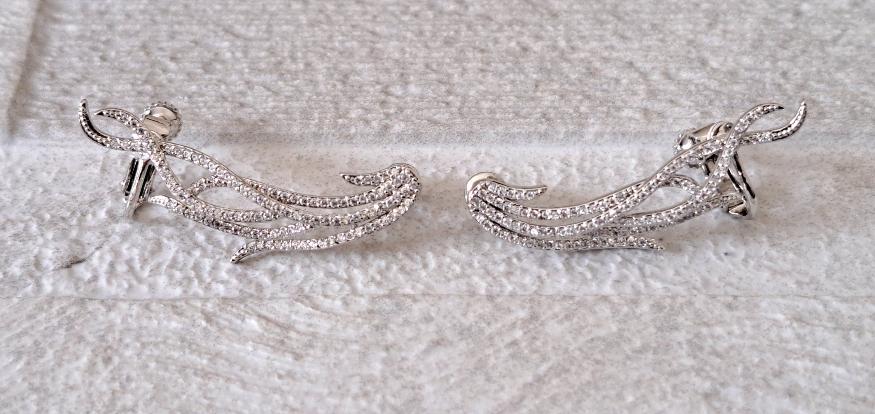 Large Leaf Silver Swarovski Crystal Feather Ear Cuff Earrings