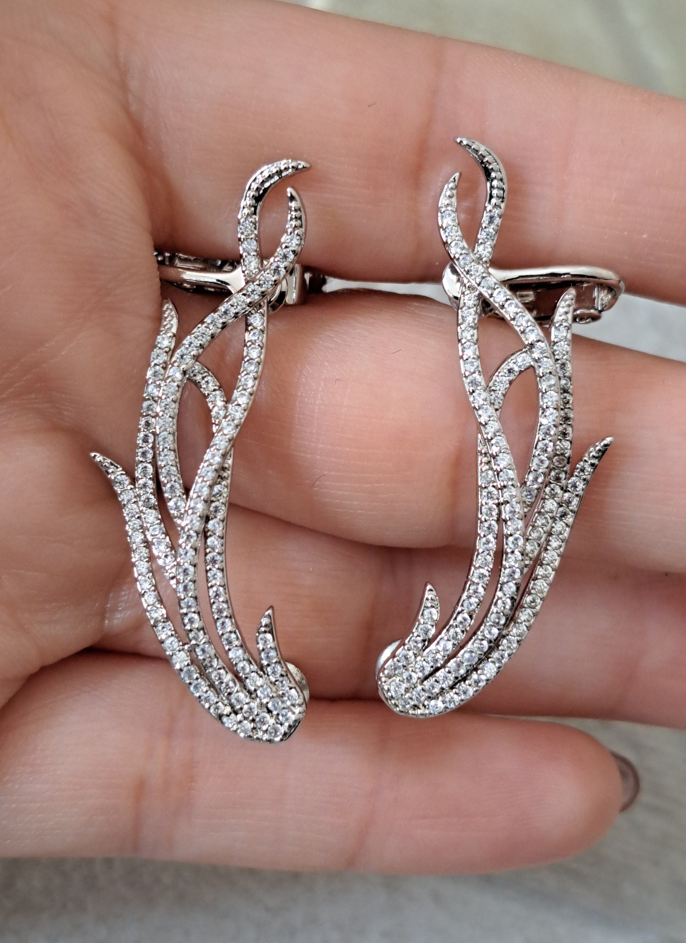 Large Leaf Silver Swarovski Crystal Feather Ear Cuff Earrings