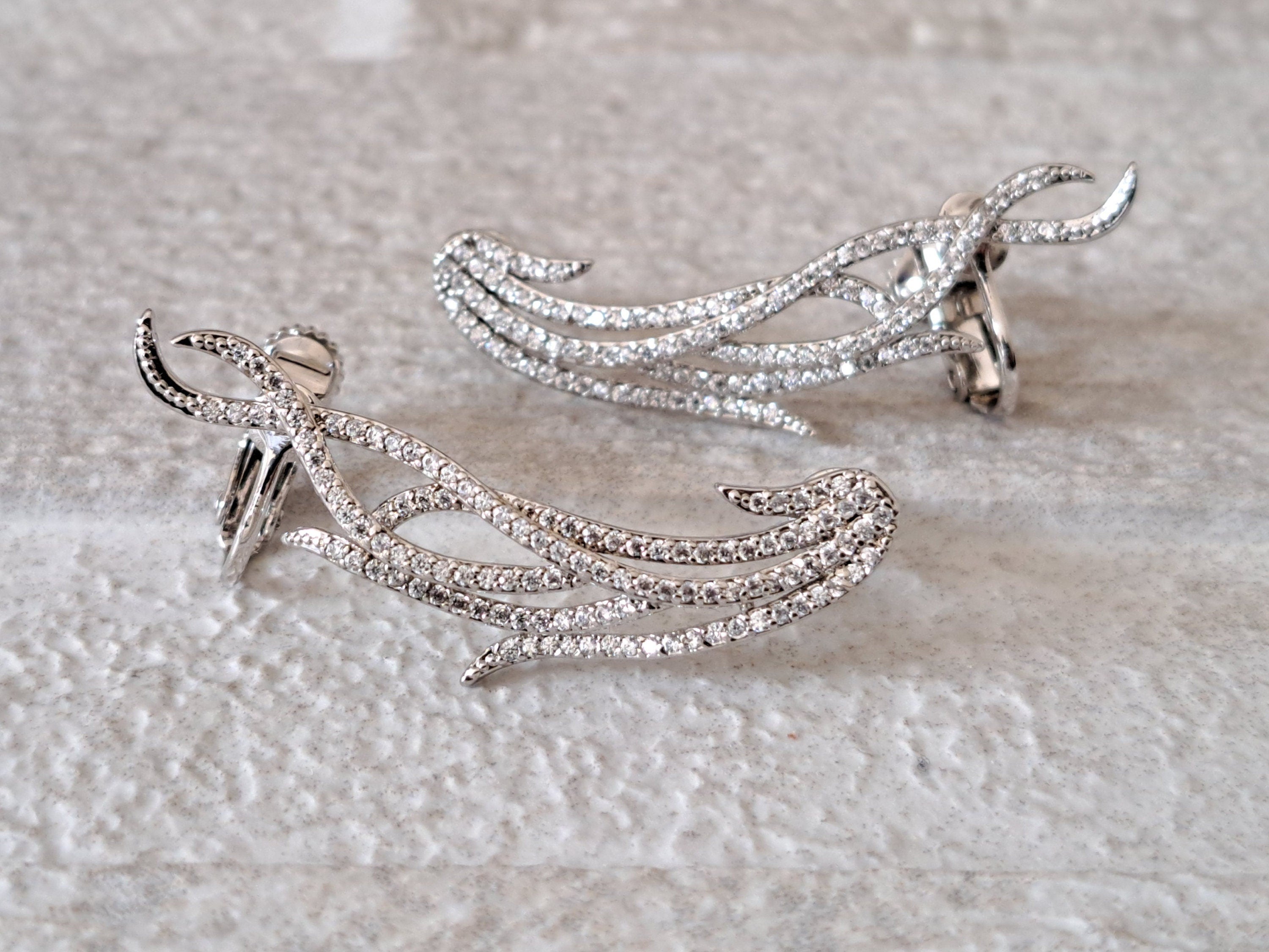 Large Leaf Silver Swarovski Crystal Feather Ear Cuff Earrings