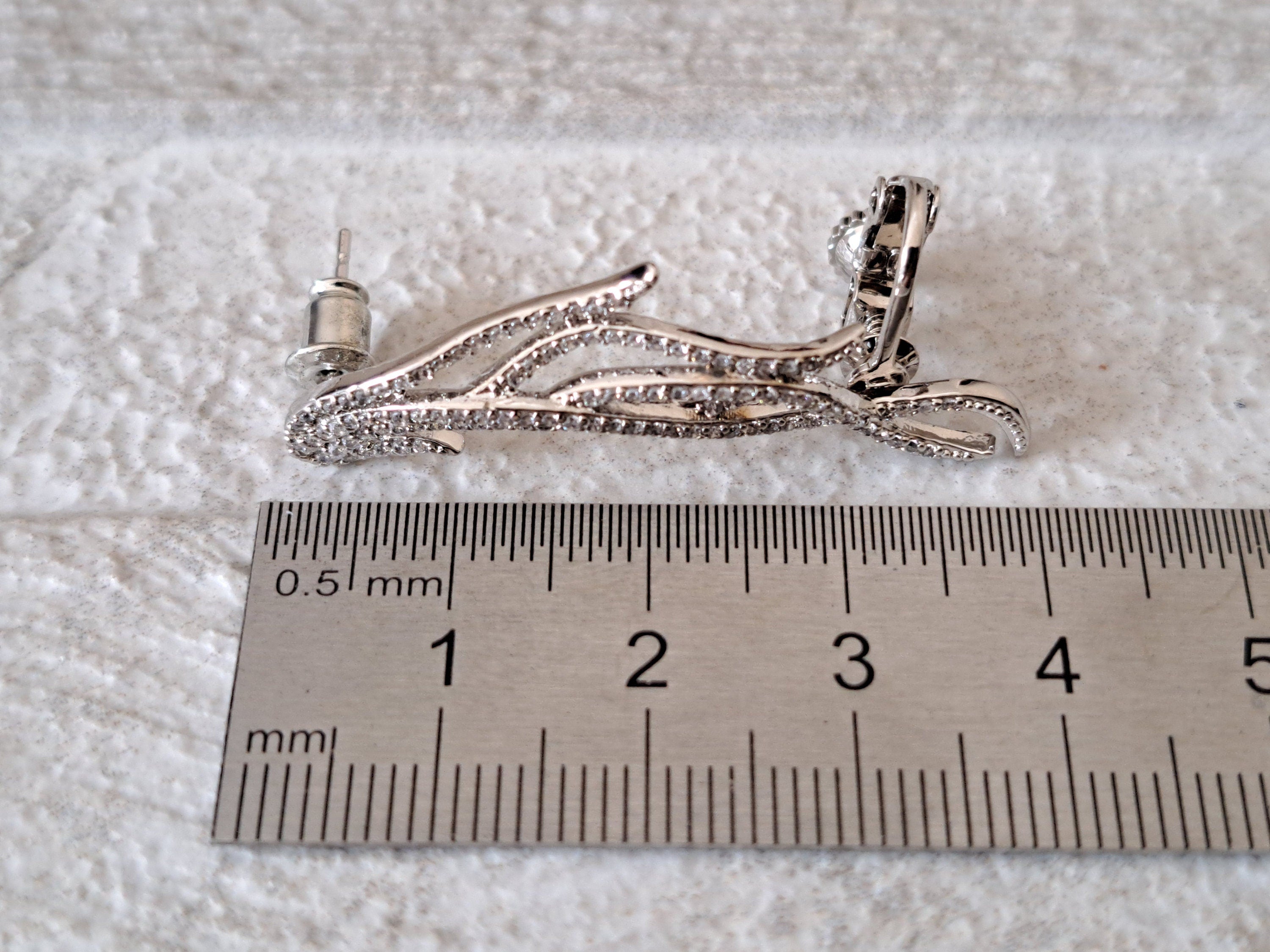 Large Leaf Silver Swarovski Crystal Feather Ear Cuff Earrings