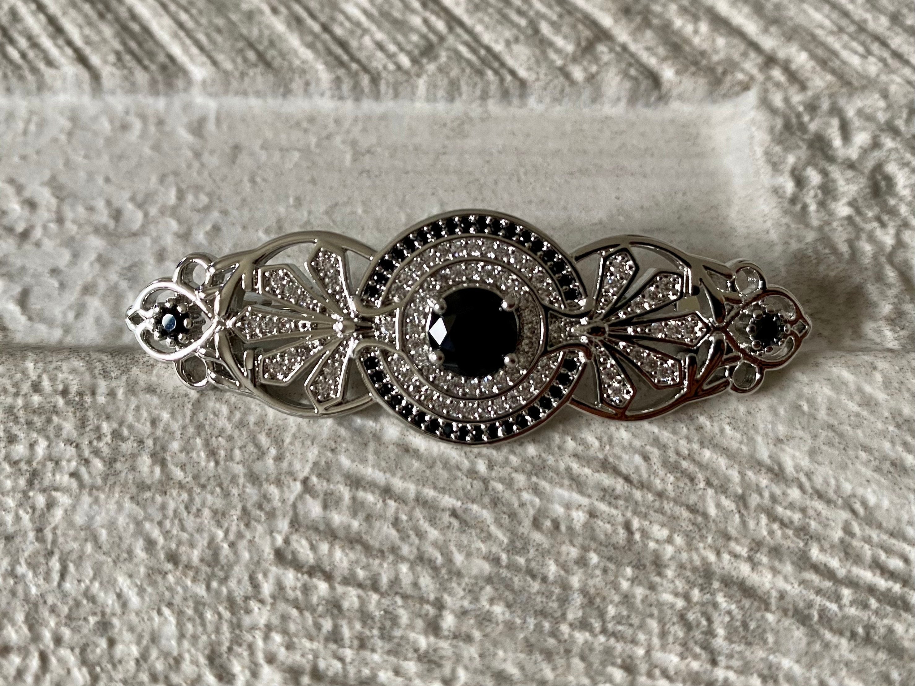 Silver Black Long Swarovski Crystal Coat Brooch Pin