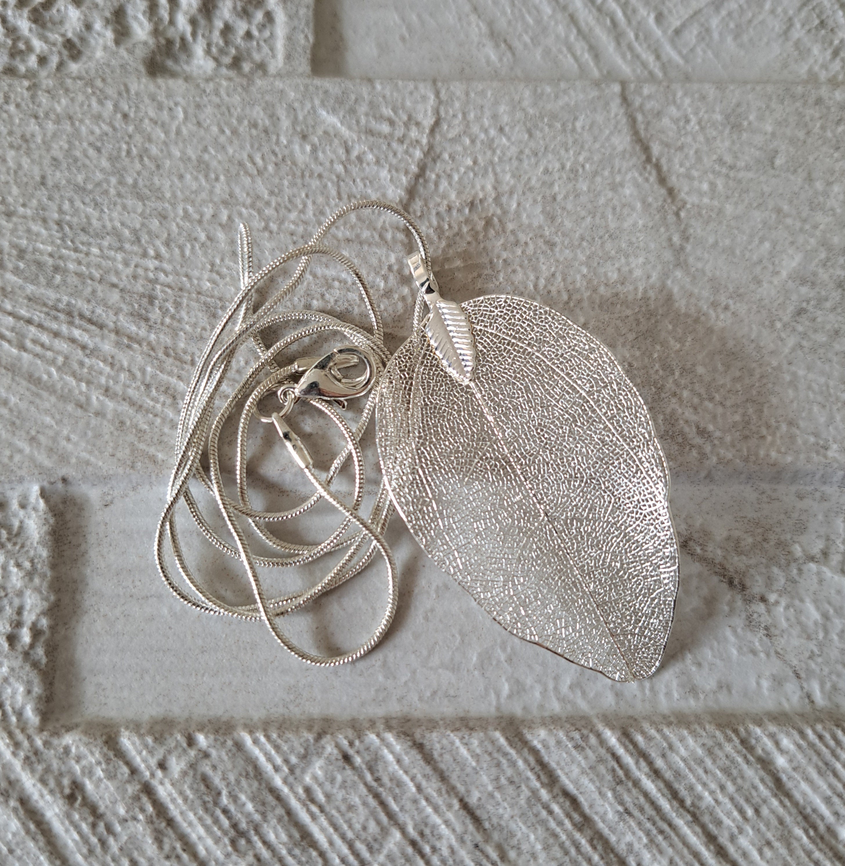 Silver Long Real Dipped Leaf Pendant and Necklace