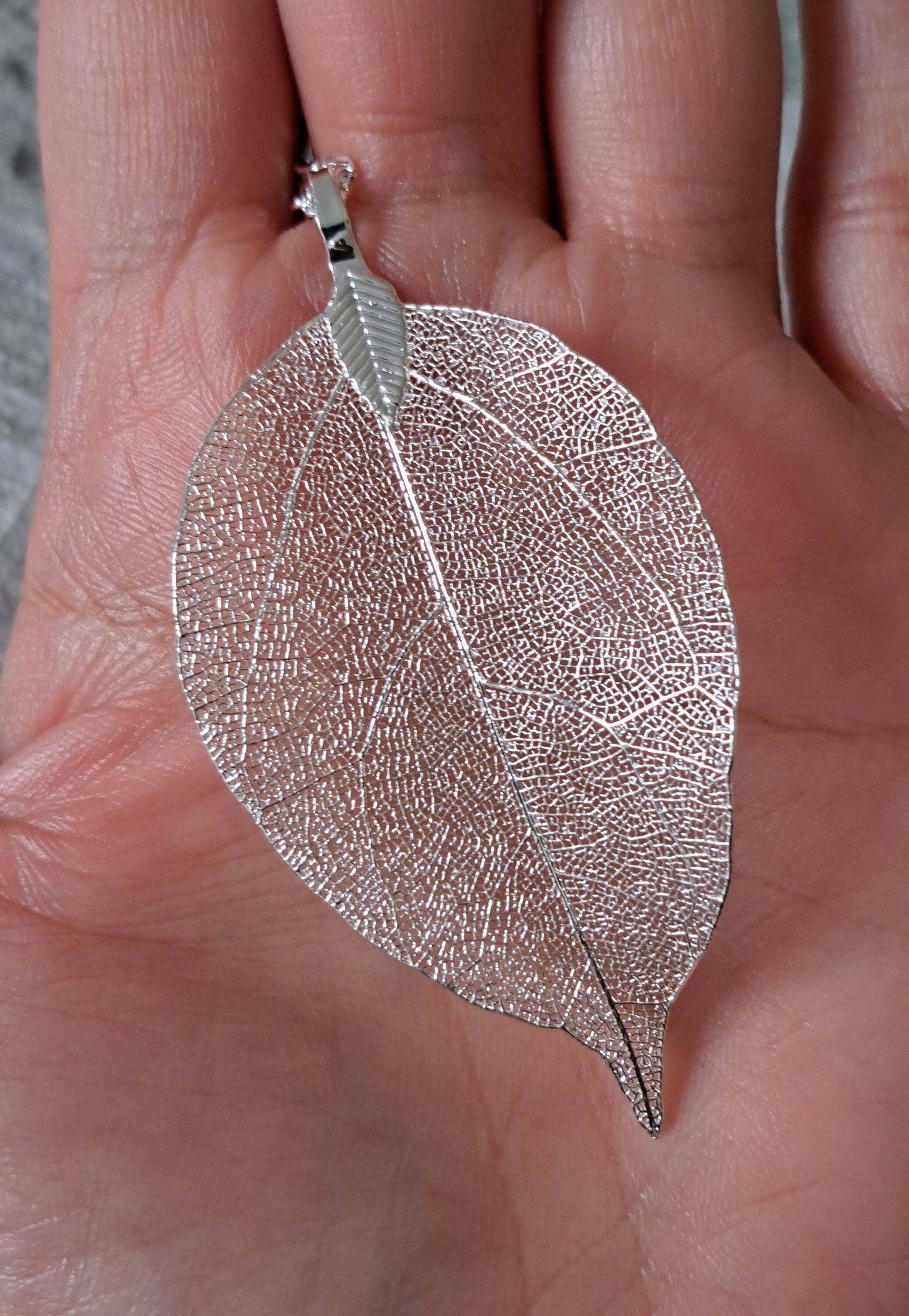 Silver Long Real Dipped Leaf Pendant and Necklace