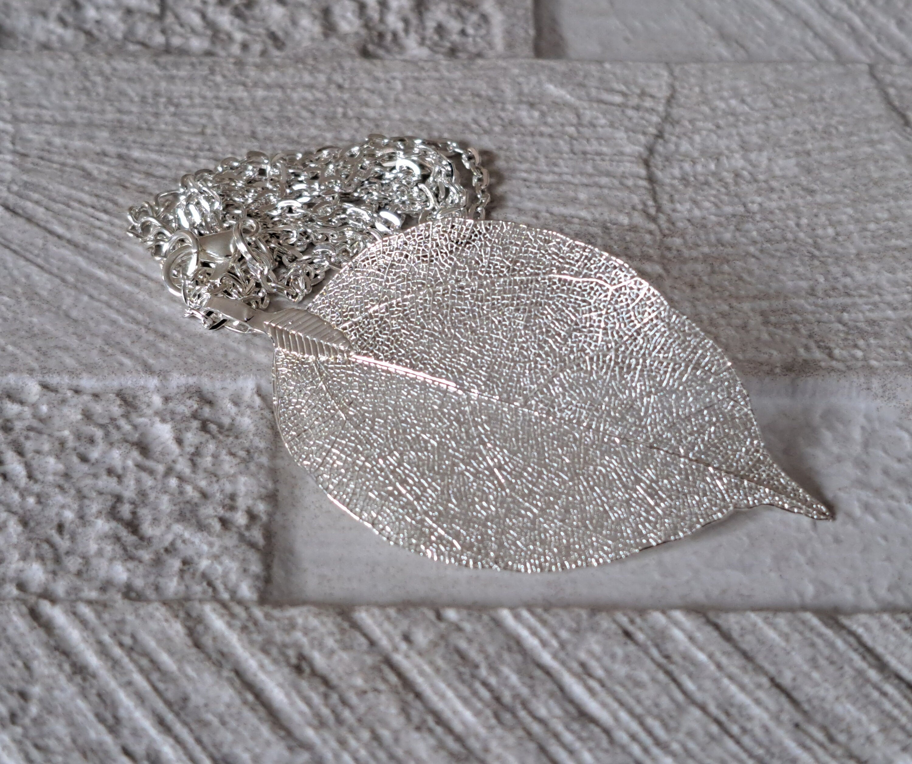 Silver Long Real Dipped Leaf Pendant and Necklace
