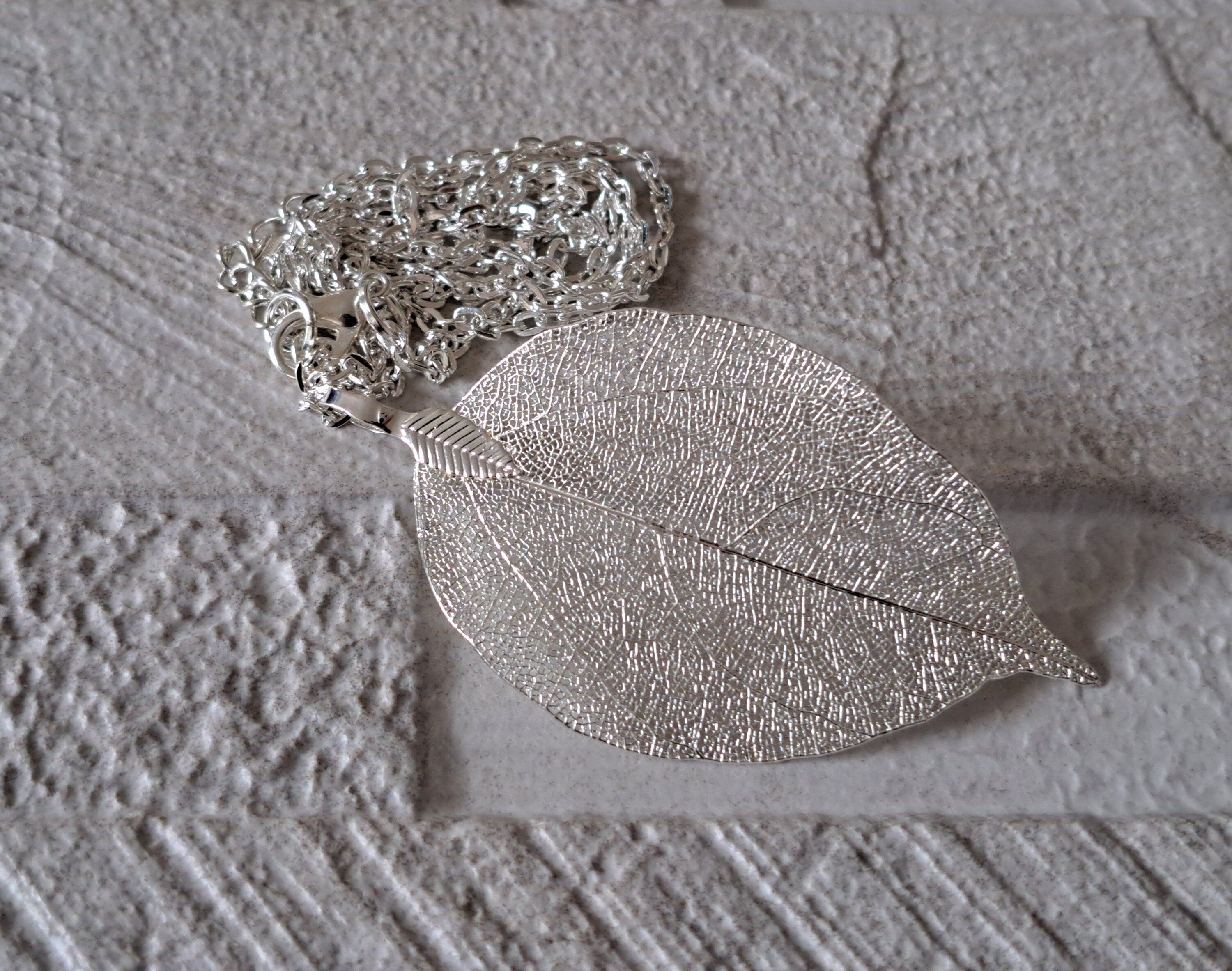 Silver Long Real Dipped Leaf Pendant and Necklace