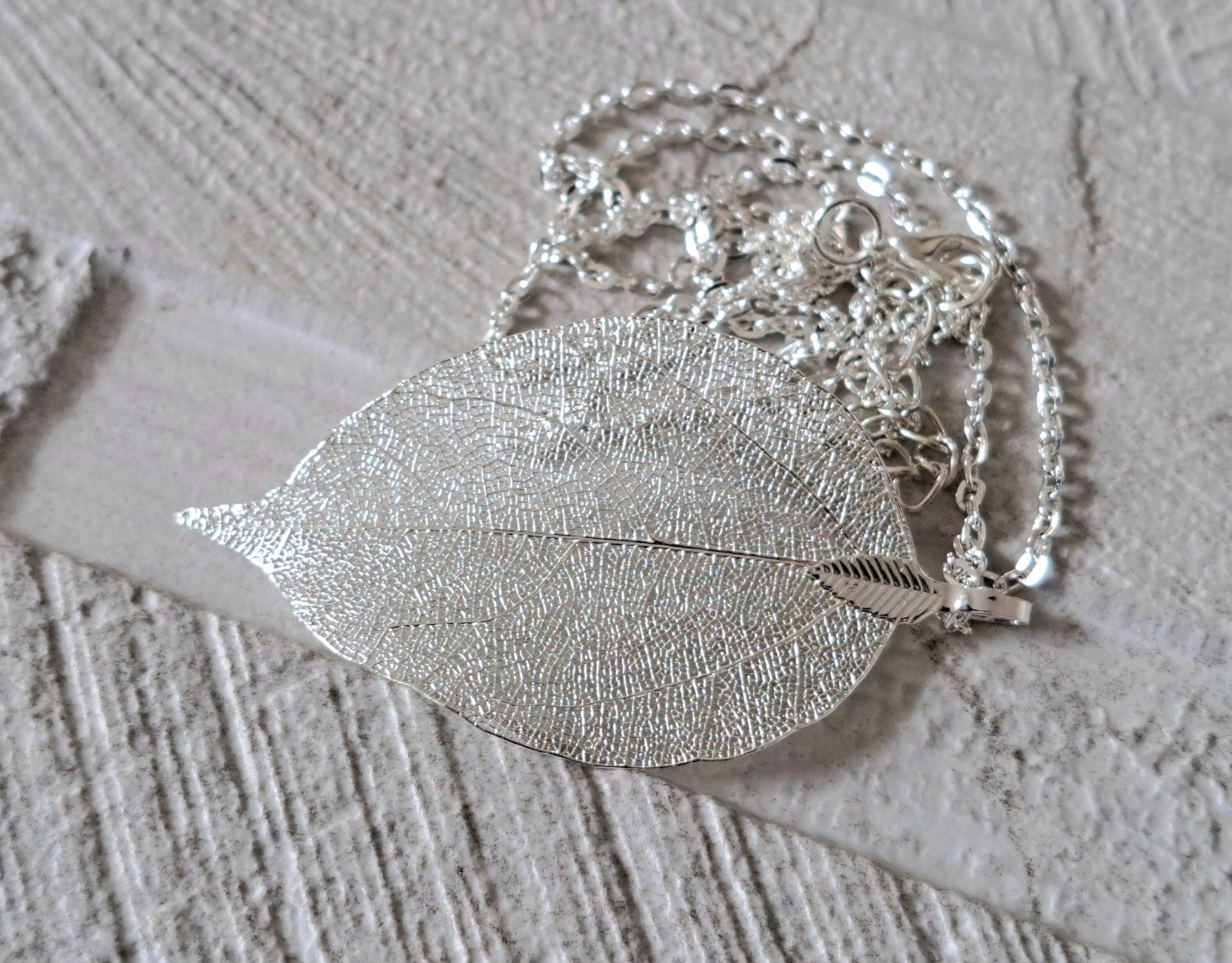 Silver Long Real Dipped Leaf Pendant and Necklace