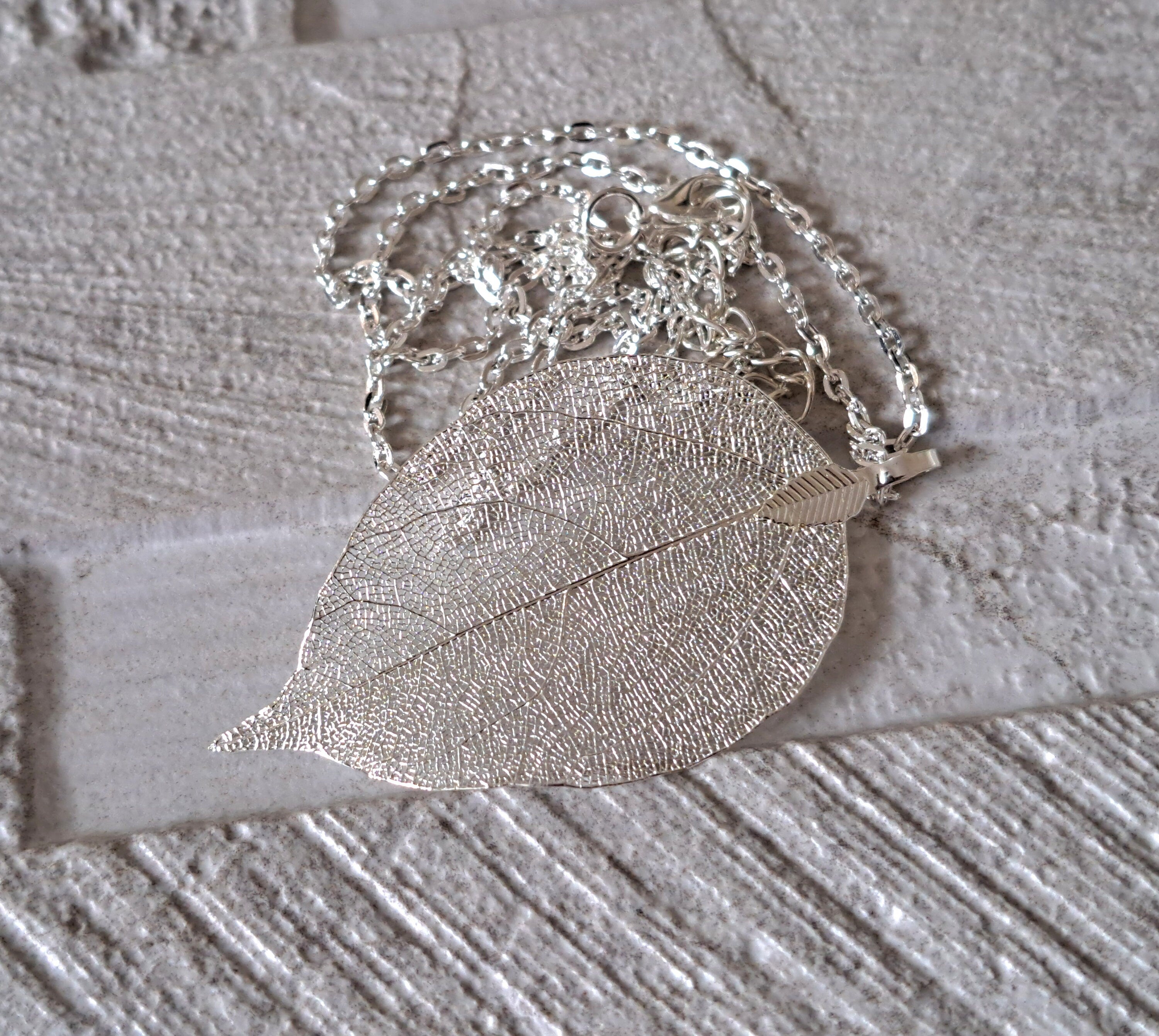 Silver Long Real Dipped Leaf Pendant and Necklace