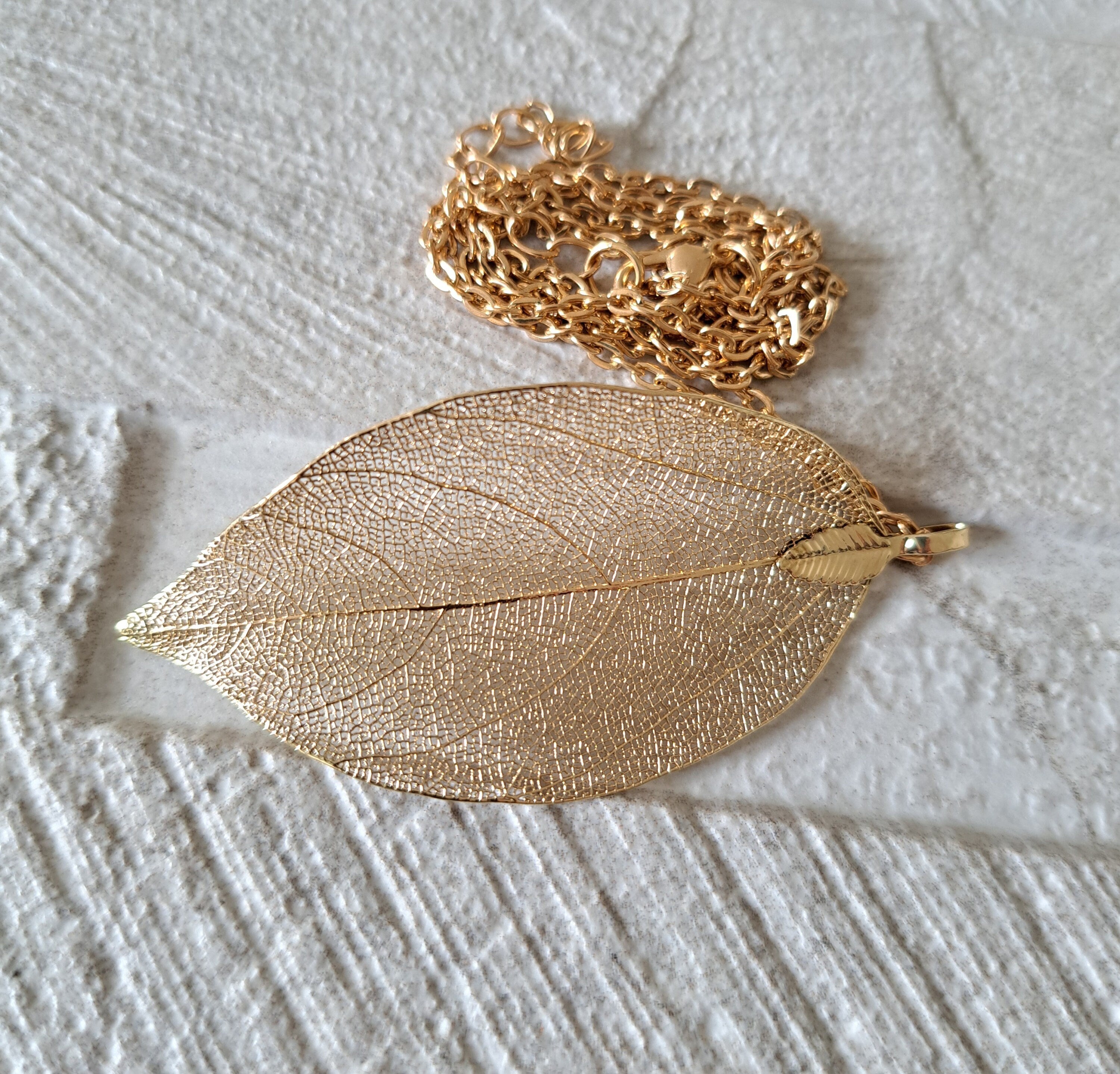 Dull Gold Long Skeleton Leaf Pendant and Necklace