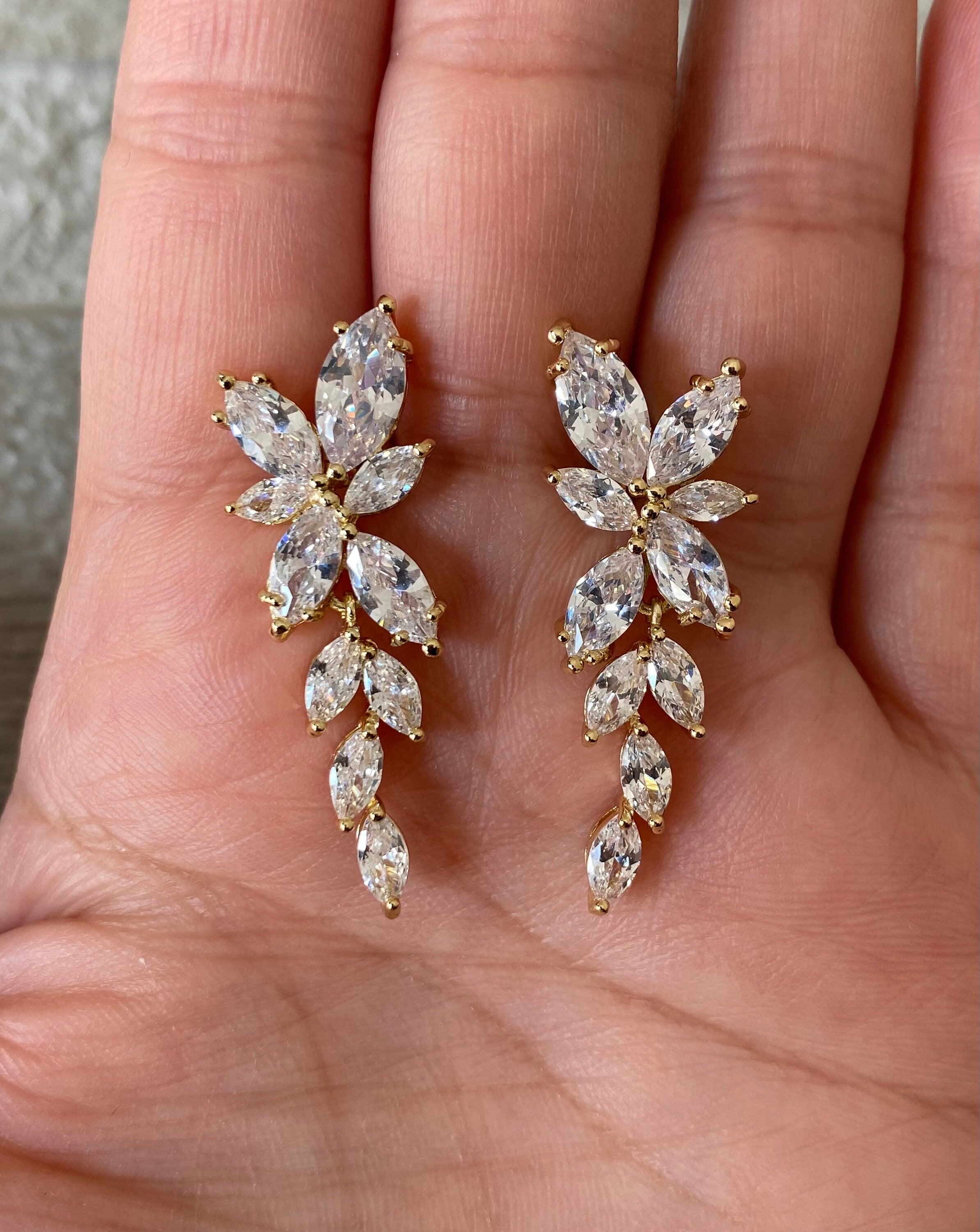 Gold Dangle Flower Leaf Swarovski Crystal Drop Earrings