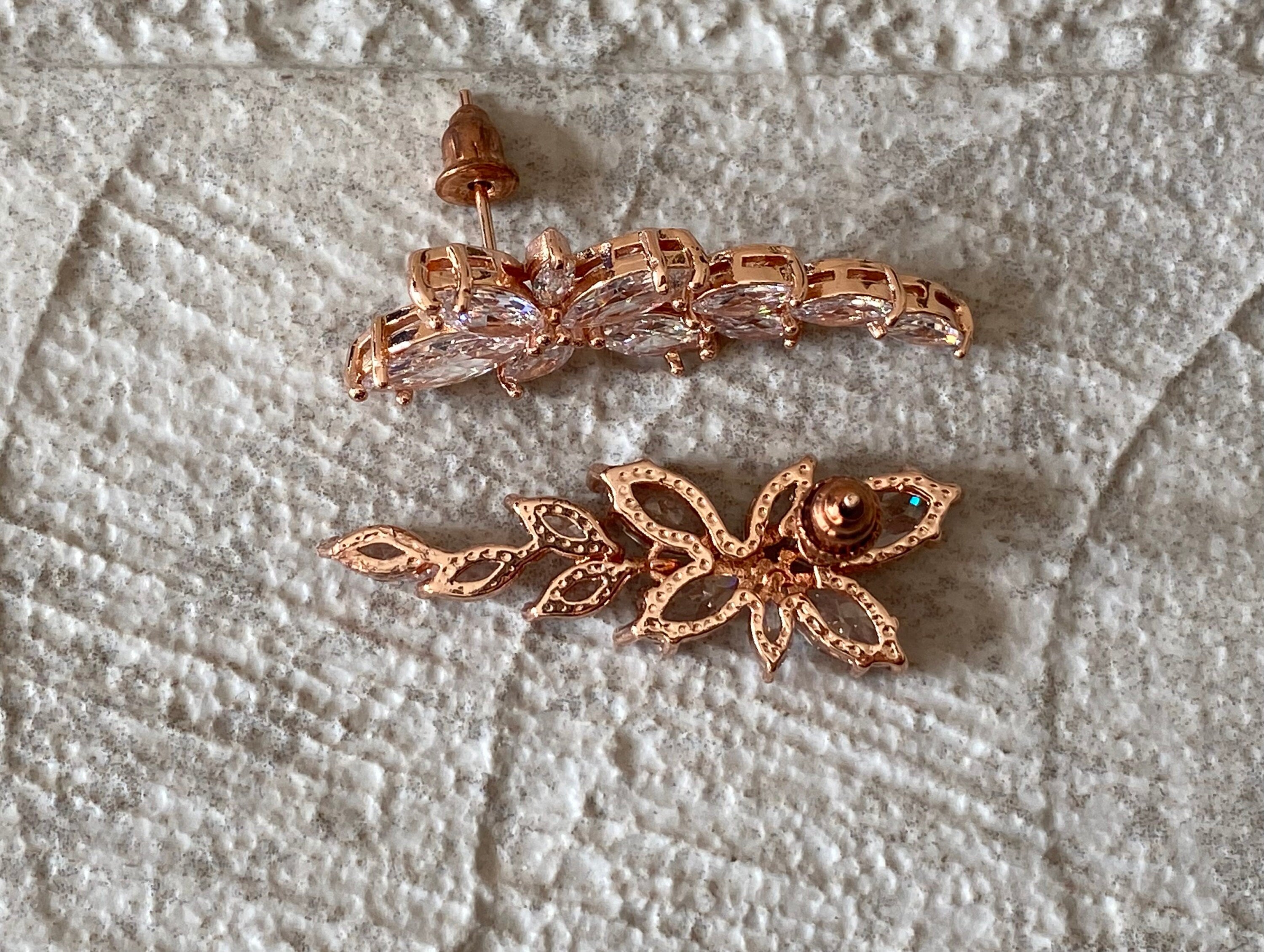Rose Gold Swarovski Crystal Flower Leaf Long Drop Earrings