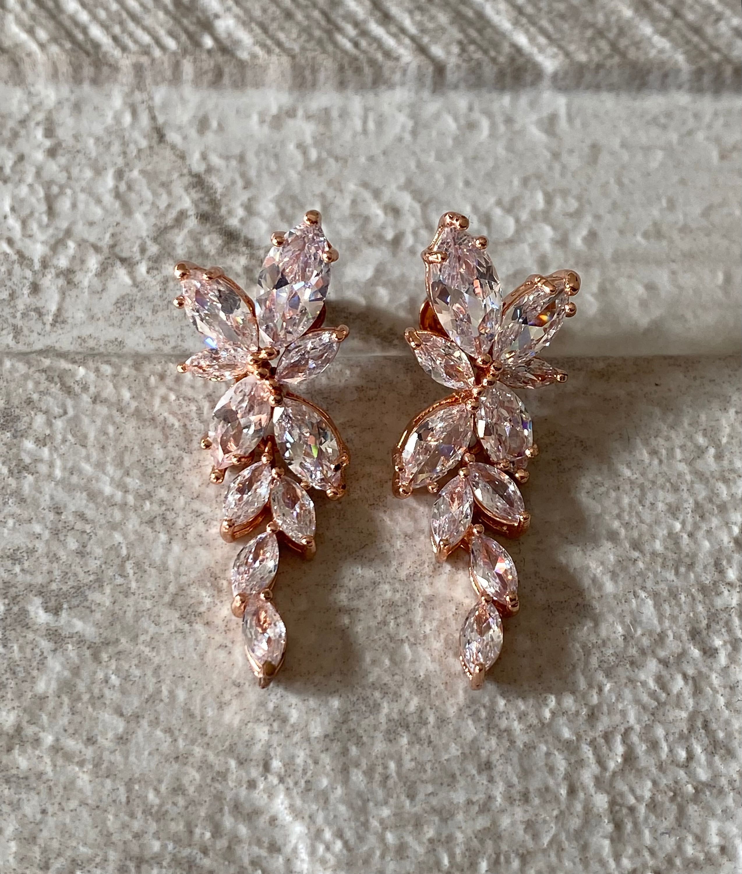 Rose Gold Swarovski Crystal Flower Leaf Long Drop Earrings