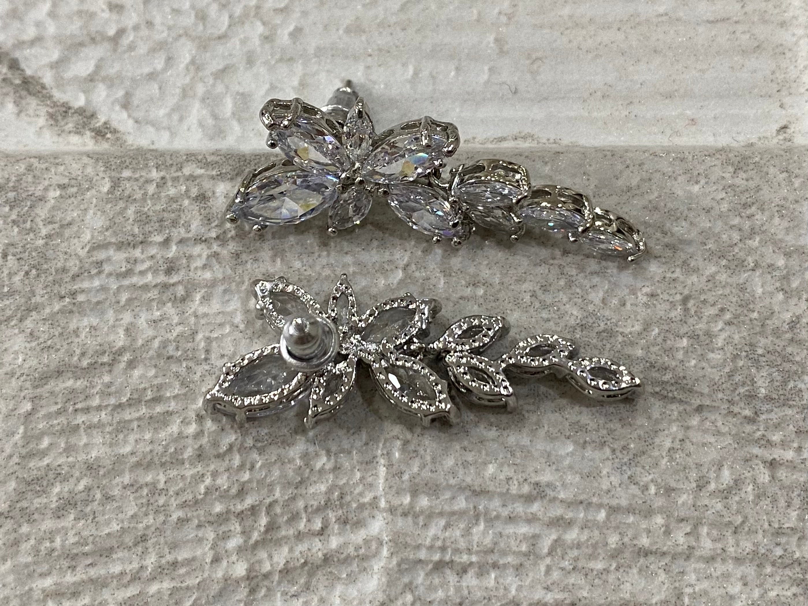 Silver Swarovski Crystal Flower Leaf Long Drop Earrings