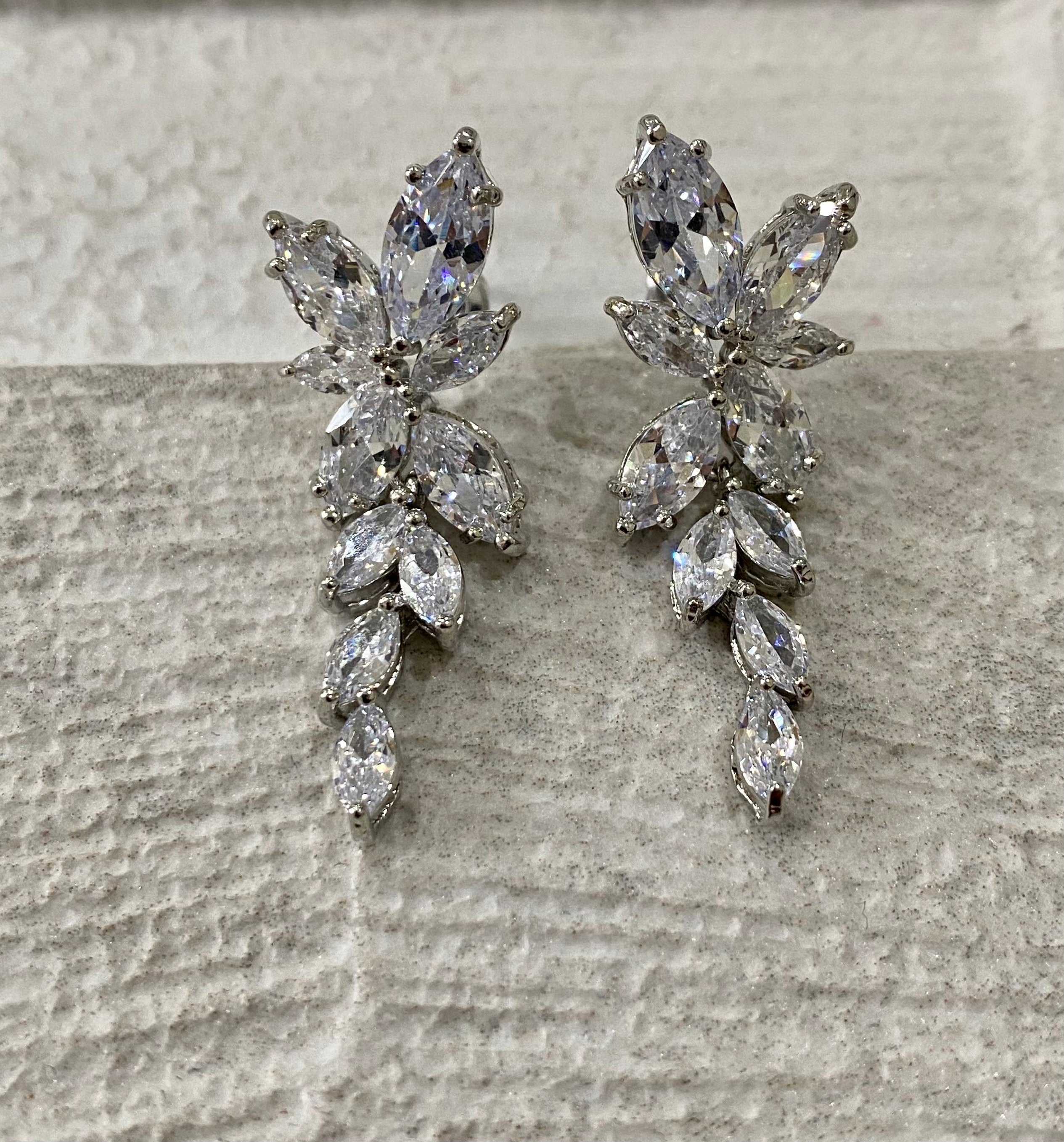 Silver Swarovski Crystal Flower Leaf Long Drop Earrings