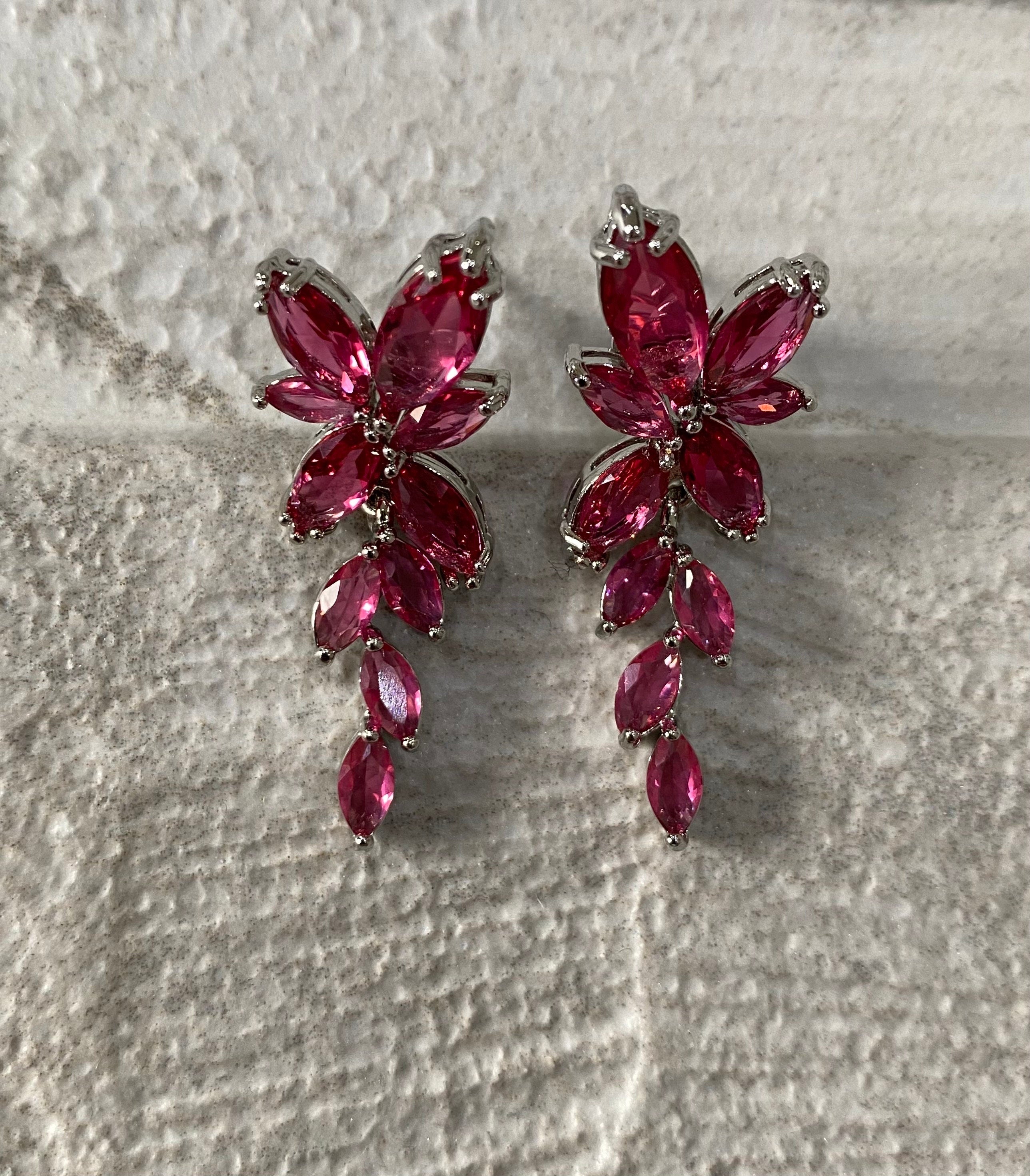 Silver Pink Swarovski Crystal Long Flower Leaf Crystal Drop Earrings