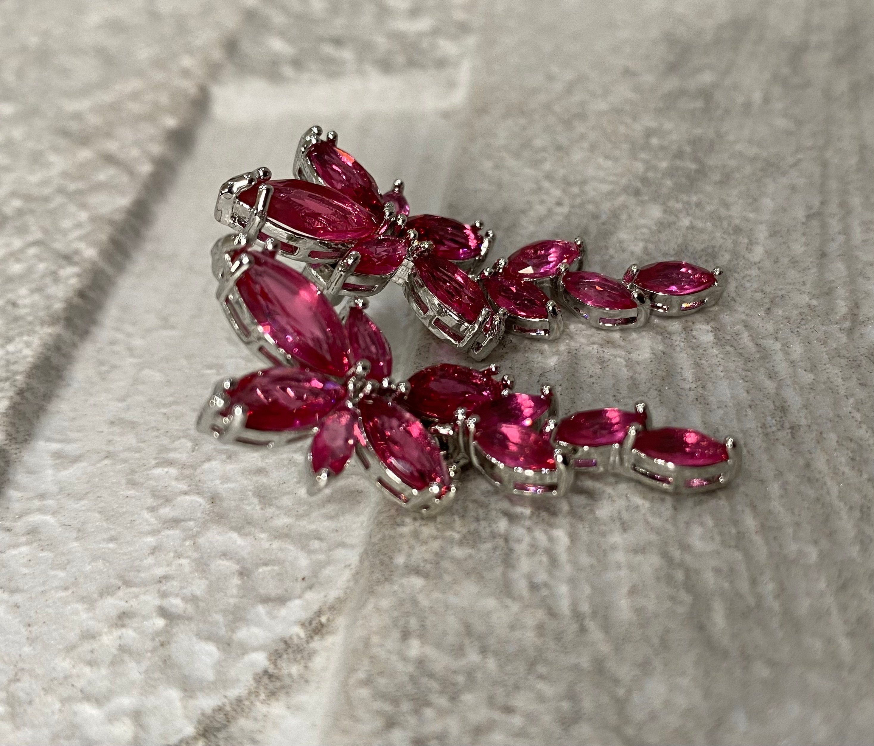 Silver Pink Swarovski Crystal Long Flower Leaf Crystal Drop Earrings