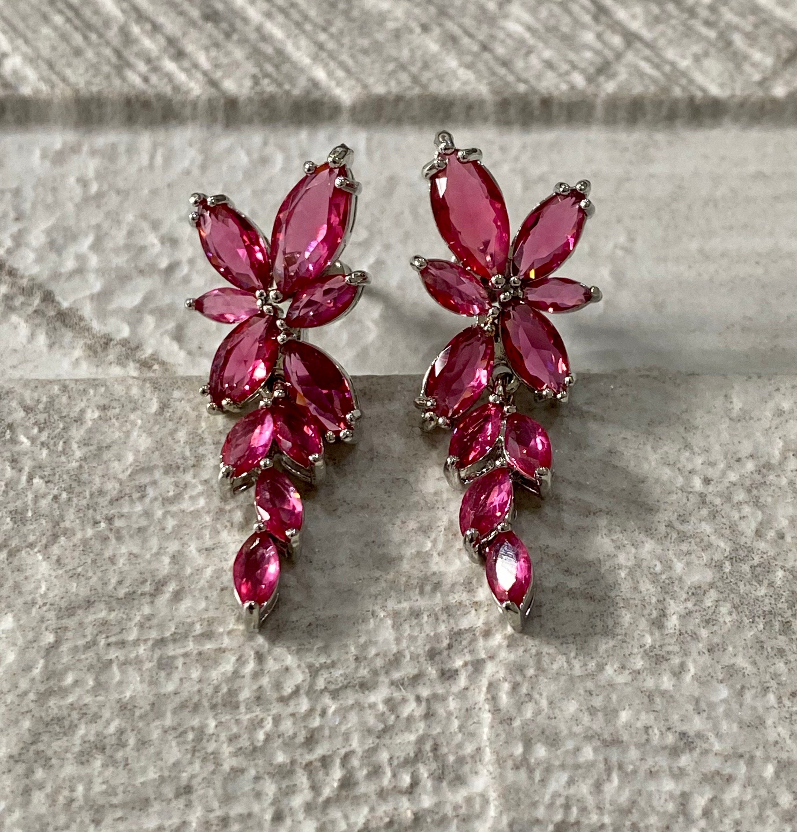Silver Pink Swarovski Crystal Long Flower Leaf Crystal Drop Earrings