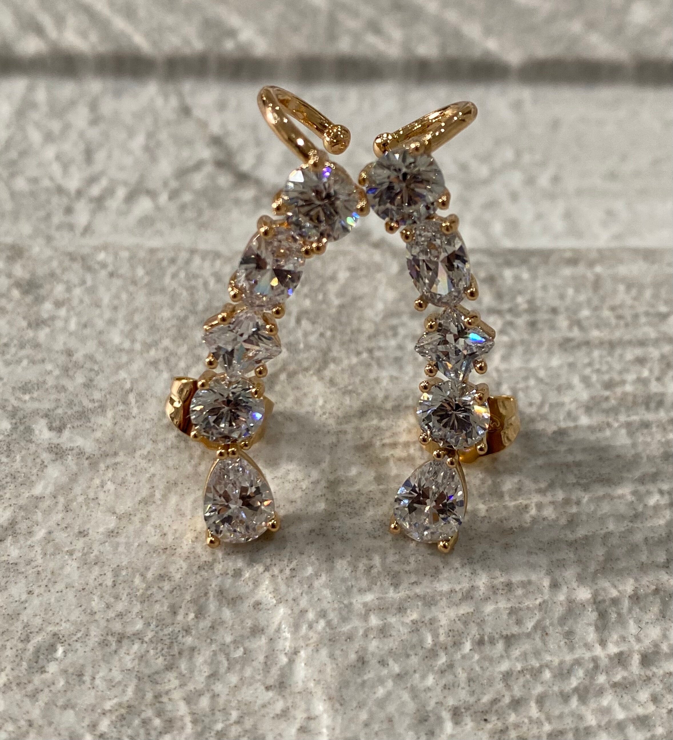 Gold Swarovski Crystal Water Drop Ear Climber Earrings