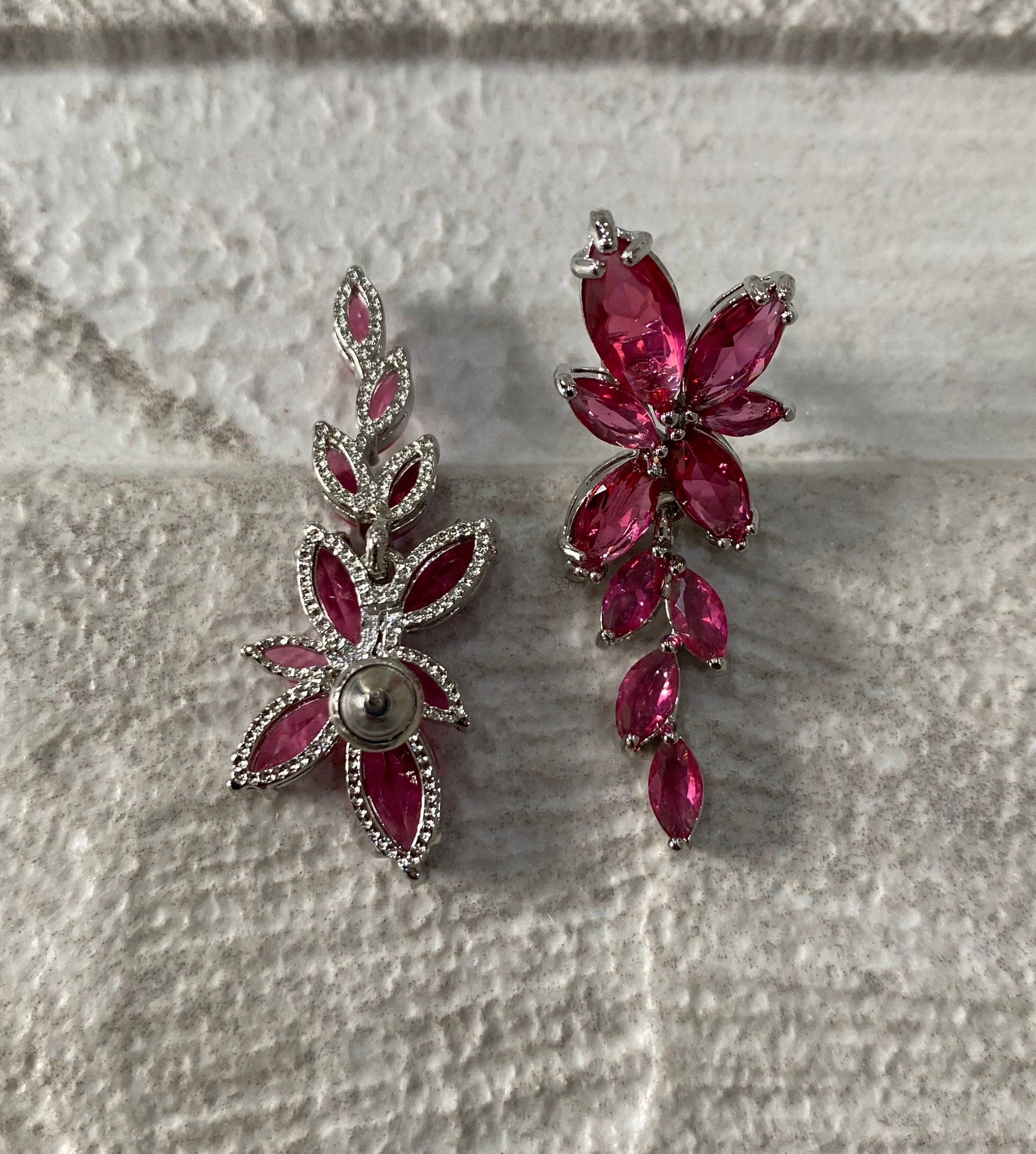 Silver Pink Swarovski Crystal Long Flower Leaf Crystal Drop Earrings