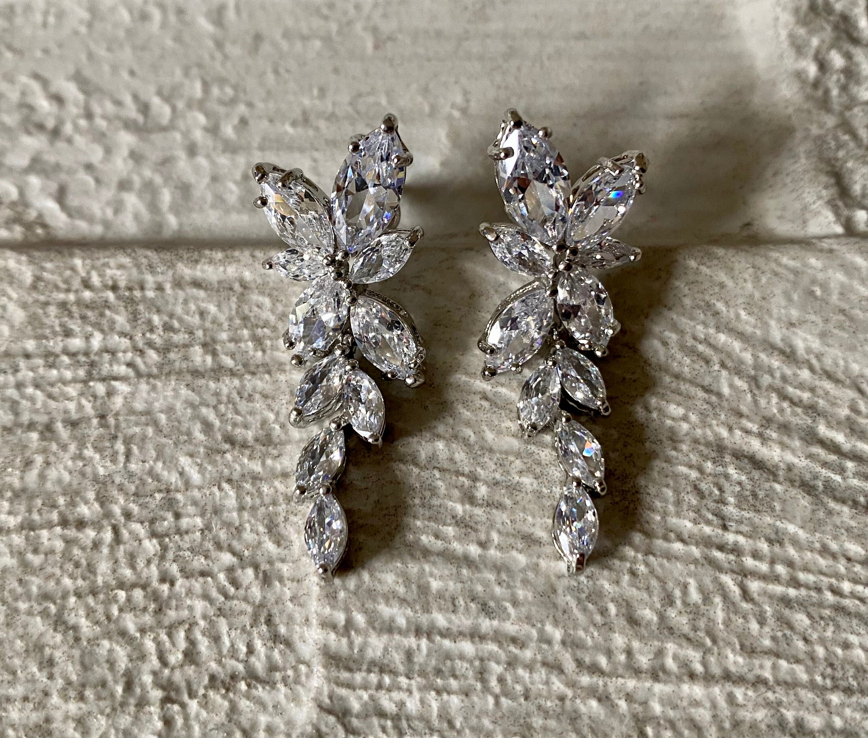 Silver Swarovski Crystal Flower Leaf Long Drop Earrings