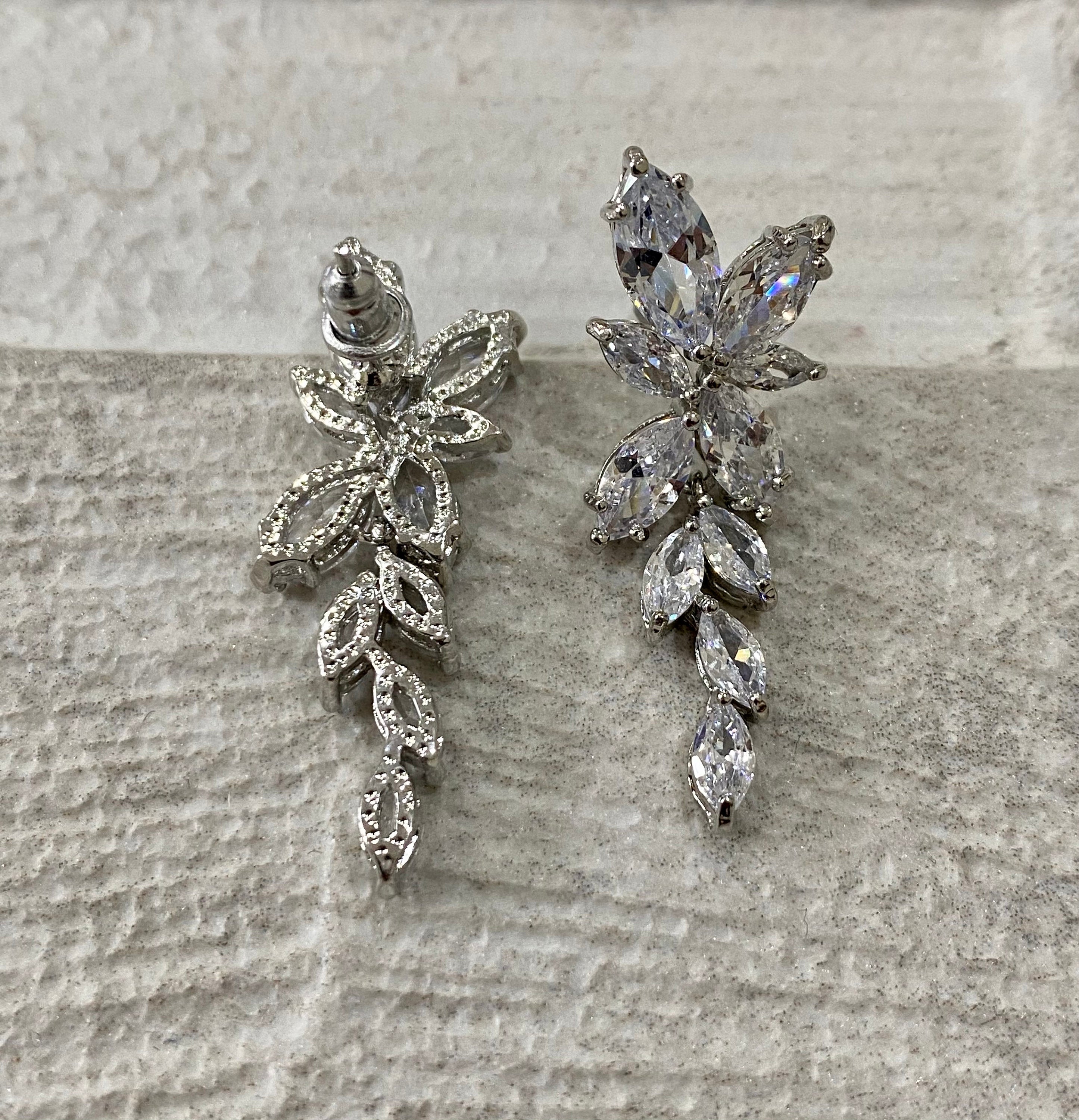 Silver Swarovski Crystal Flower Leaf Long Drop Earrings