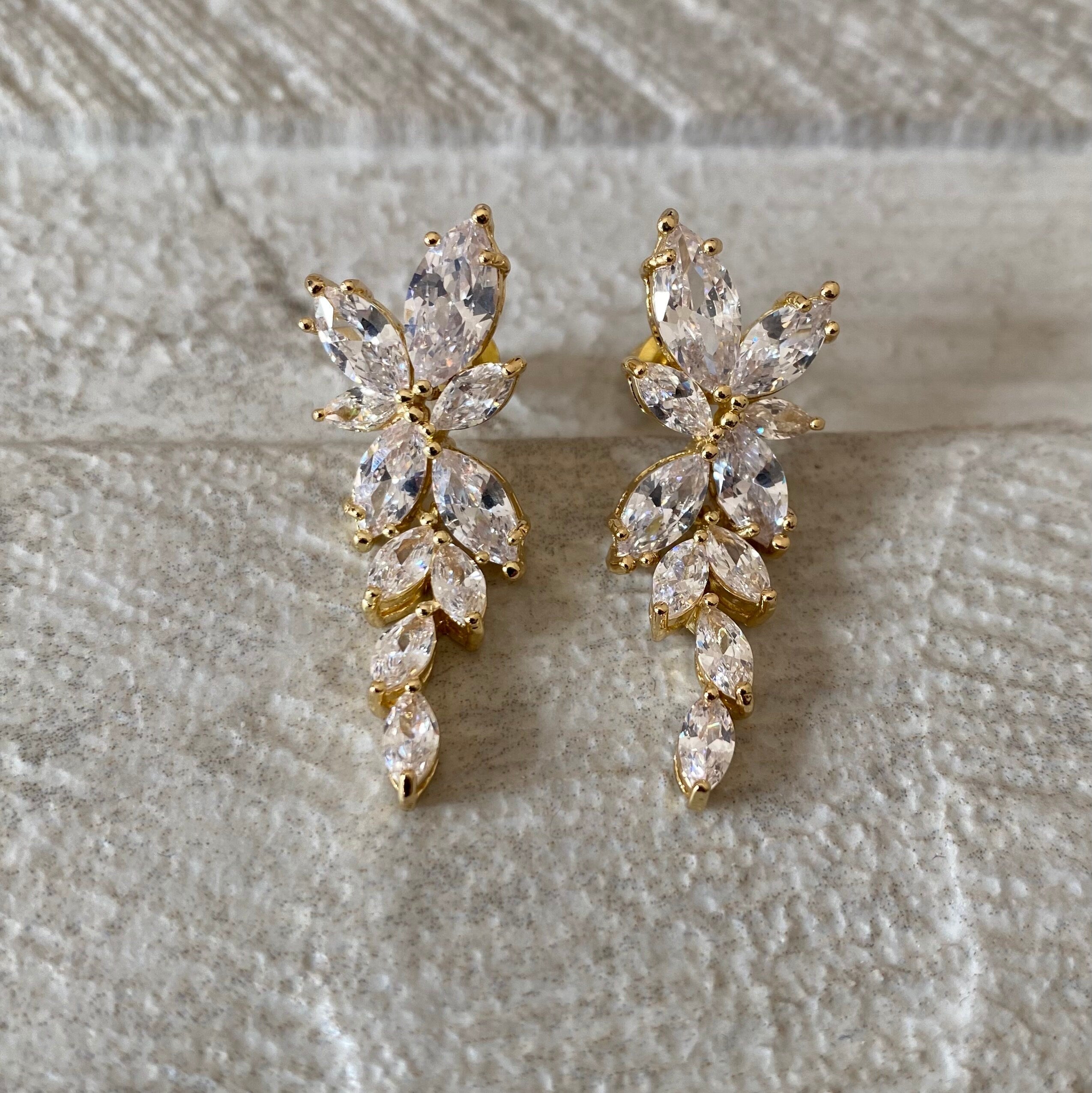 Gold Dangle Flower Leaf Swarovski Crystal Drop Earrings