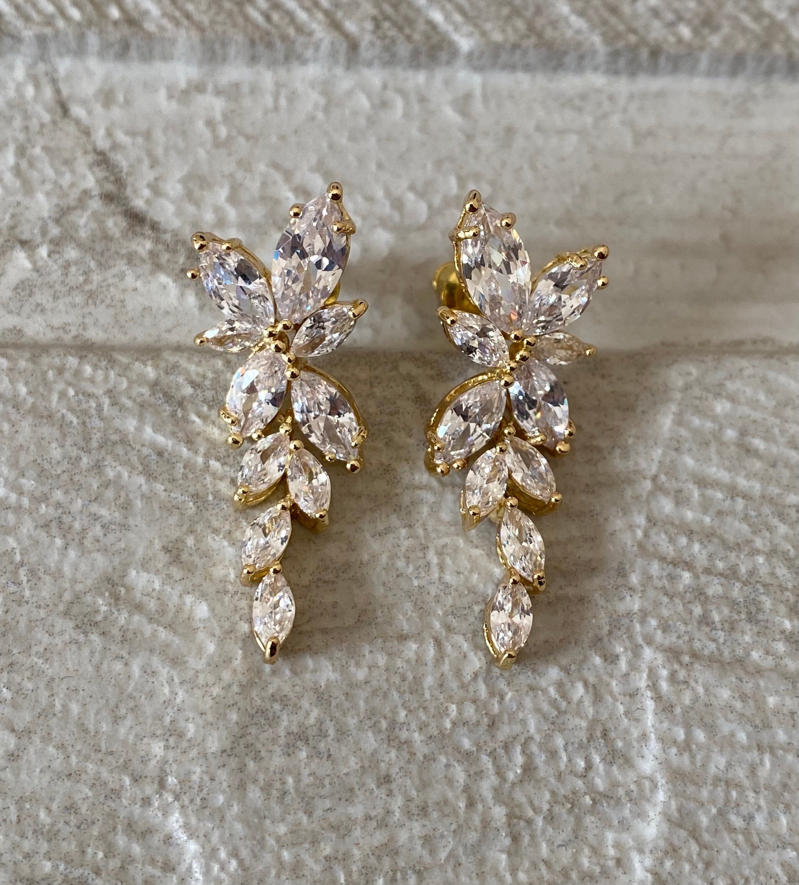 Gold Dangle Flower Leaf Swarovski Crystal Drop Earrings