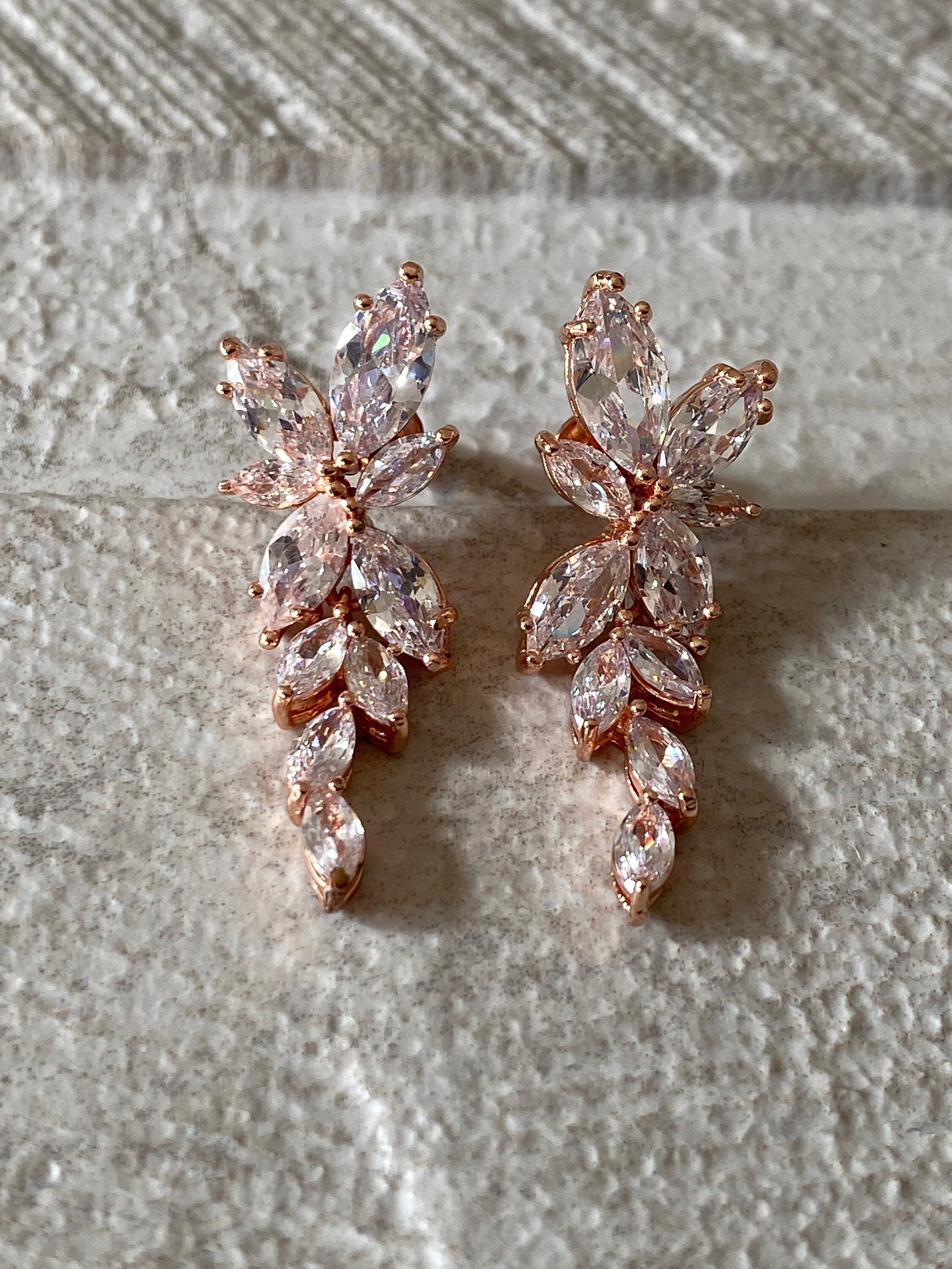 Rose Gold Swarovski Crystal Flower Leaf Long Drop Earrings