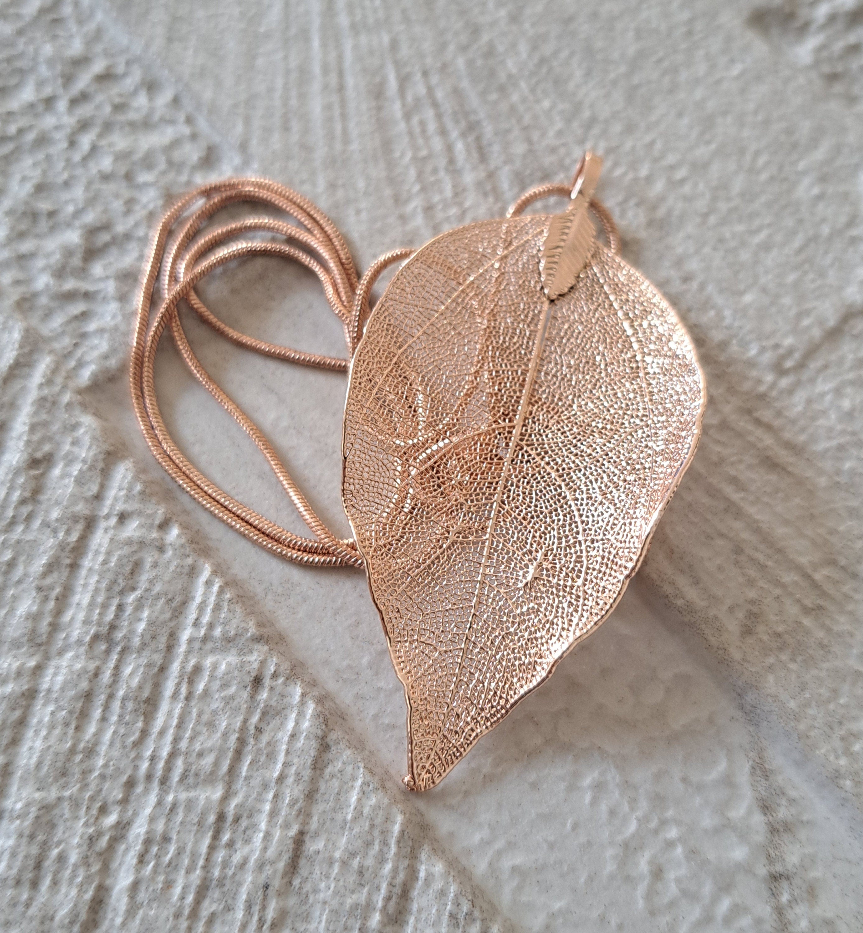 Rose Gold Long Real Dipped Leaf Skeleton Pendant and Necklace