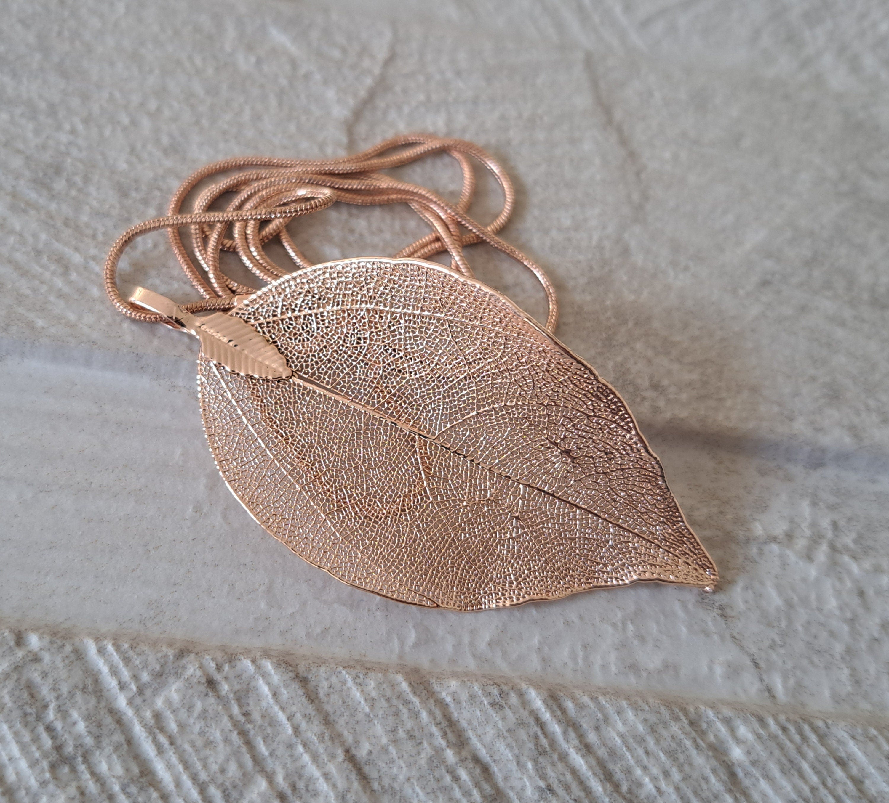 Rose Gold Long Real Dipped Leaf Skeleton Pendant and Necklace