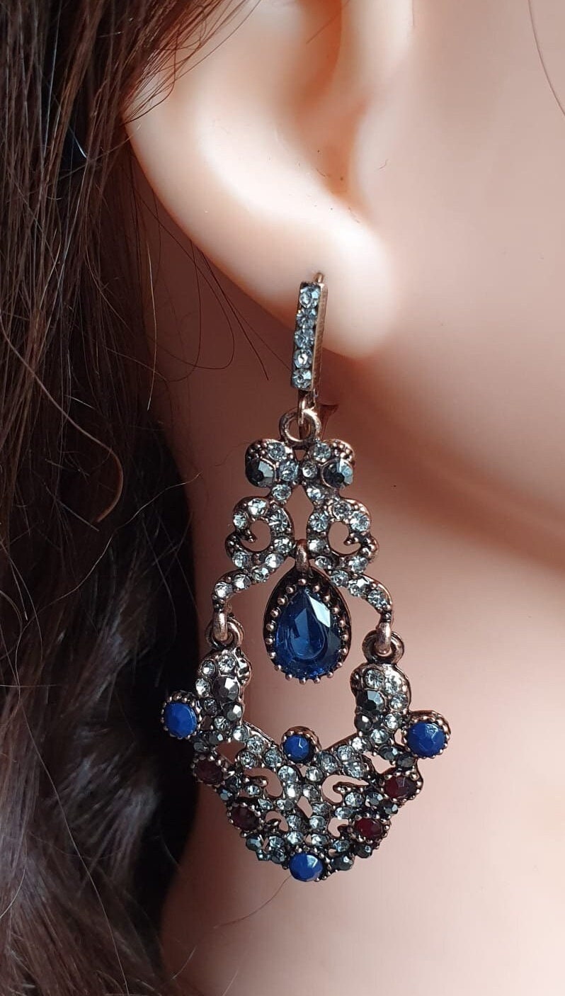 Gold Blue Swarovski Crystal Dangle Chandelier Earrings