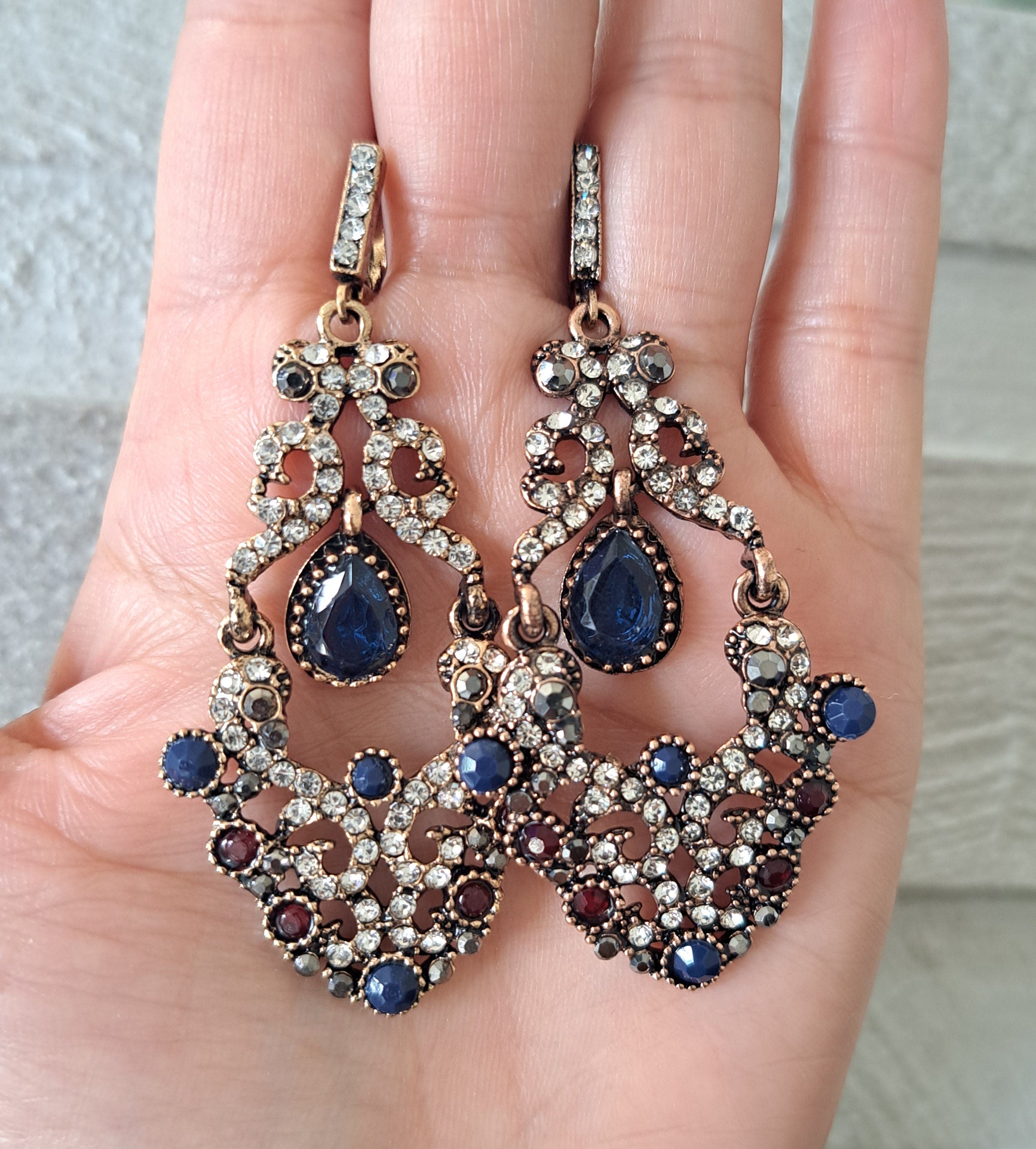 Gold Blue Swarovski Crystal Dangle Chandelier Earrings