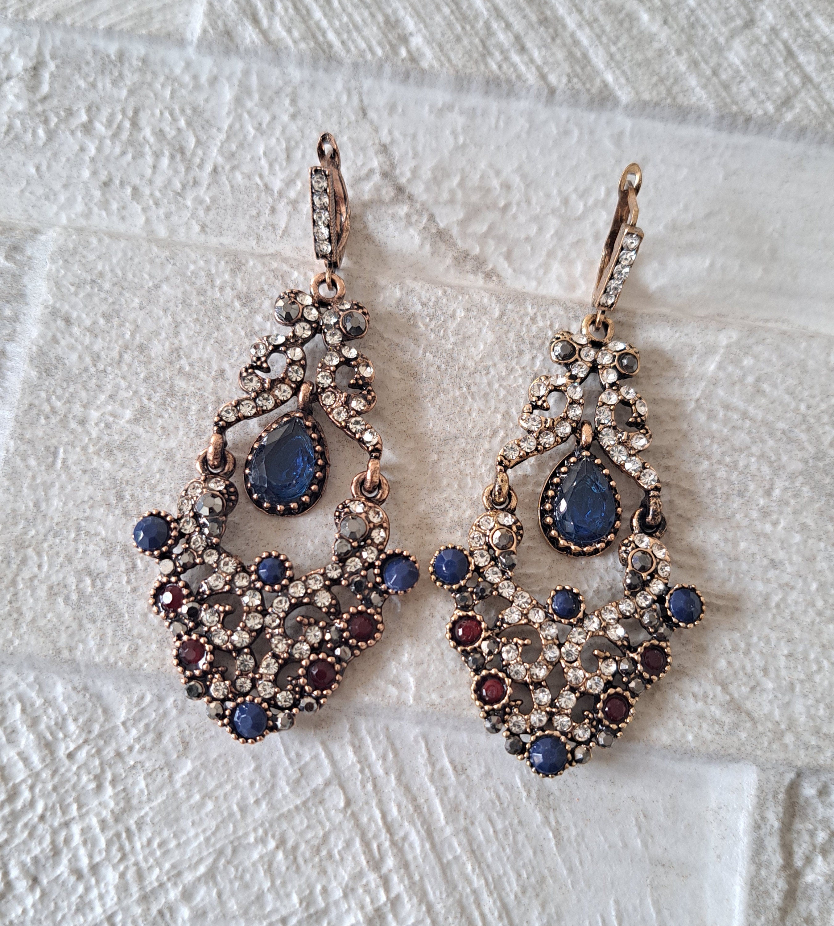 Gold Blue Swarovski Crystal Dangle Chandelier Earrings