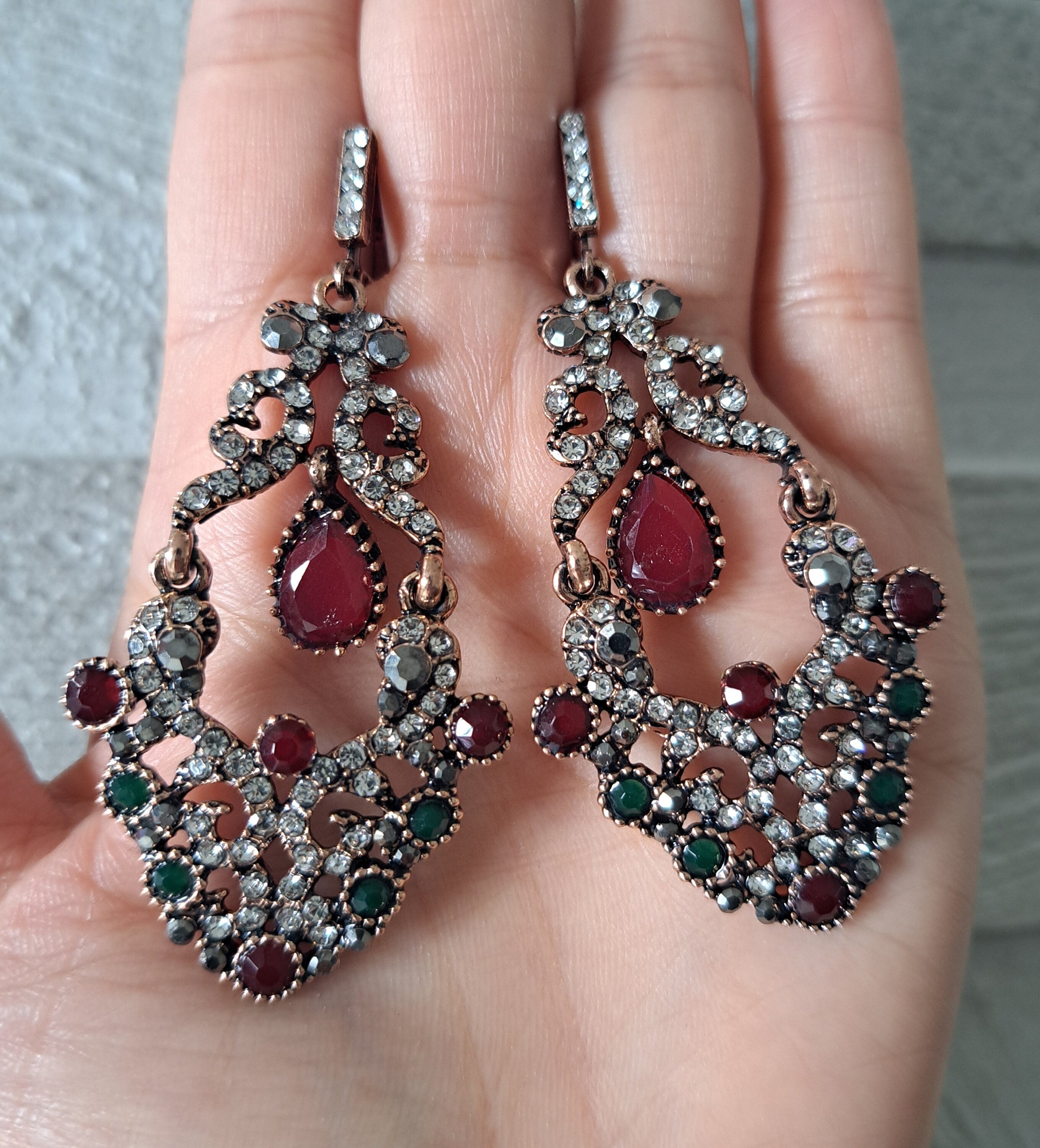 Gold Red Swarovski Crystal Dangle Chandelier Earrings