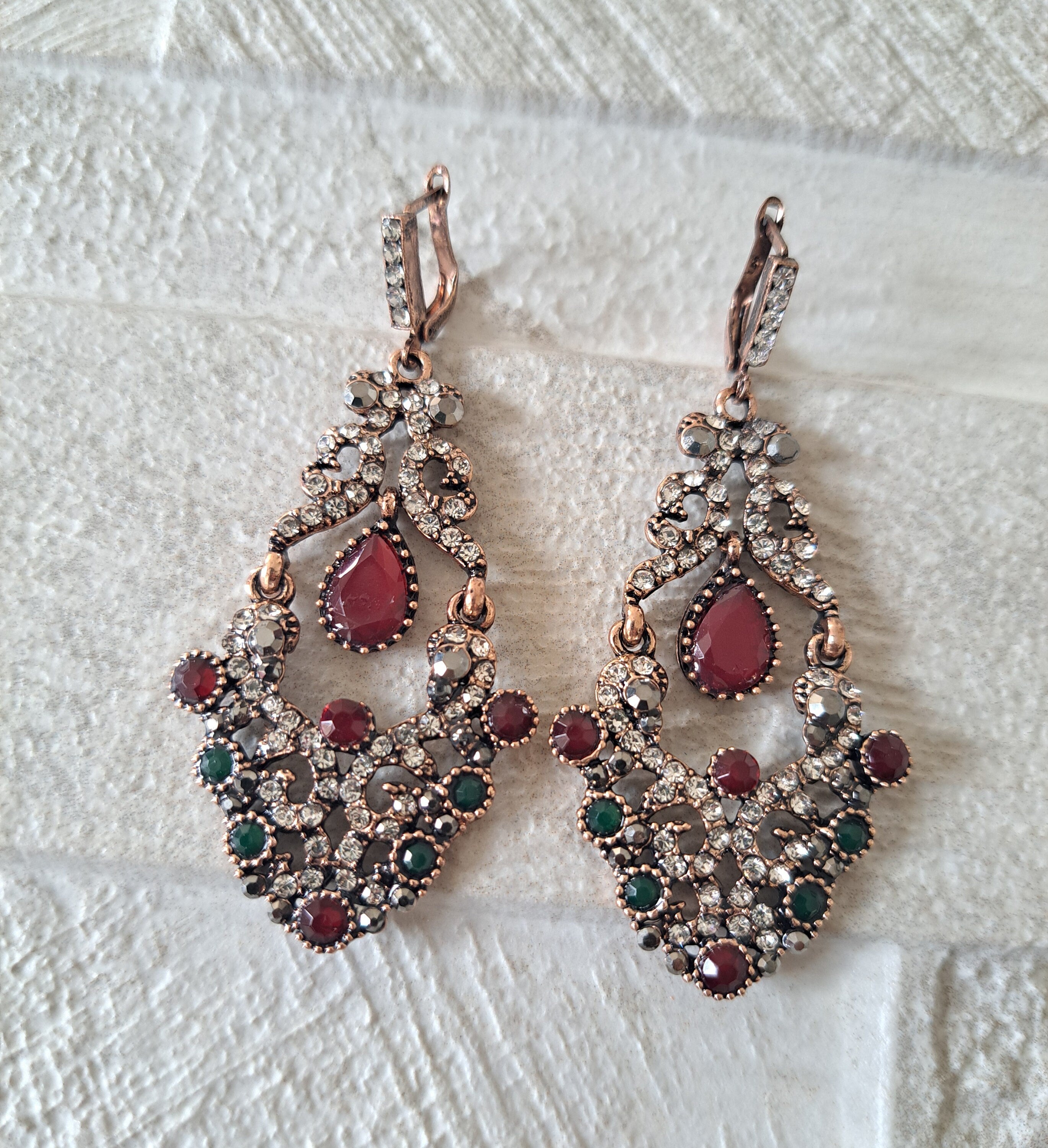 Gold Red Swarovski Crystal Dangle Chandelier Earrings